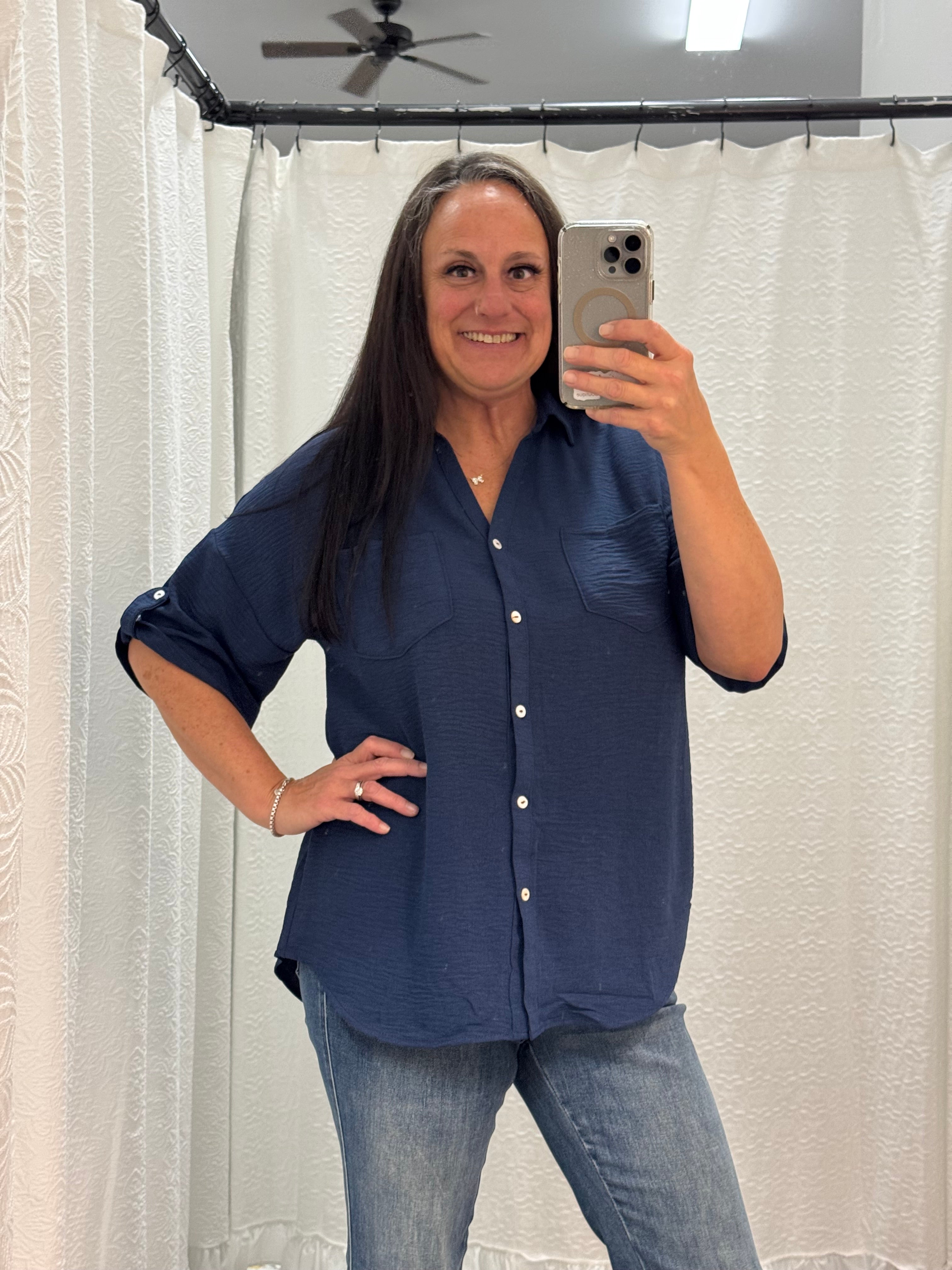 Navy Half Sleeve Collared Button Down Top