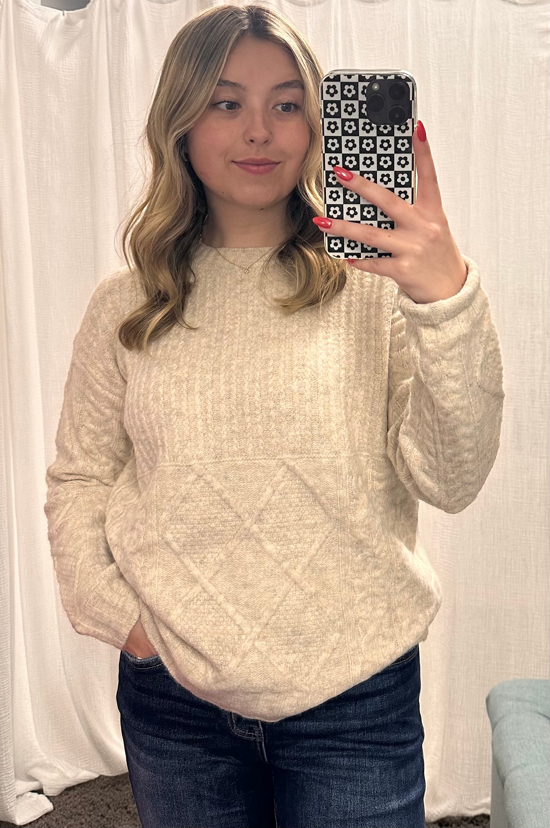 Oatmeal Crew Neck Rib Top Cable Bottom Sweater
