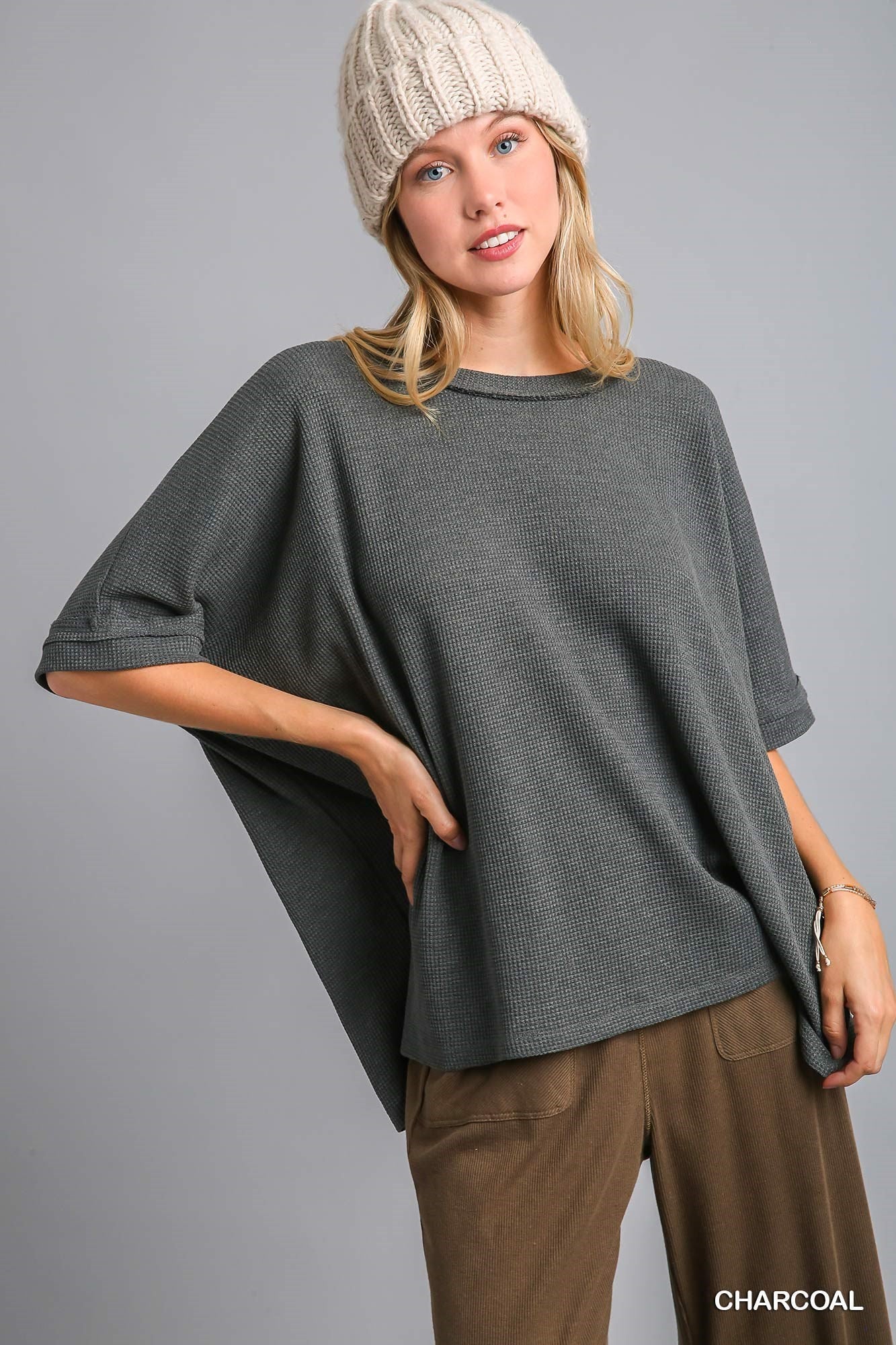 Waffle Knit w/ Raglan Sleeves and Raw Edge Top - Posh West Boutique