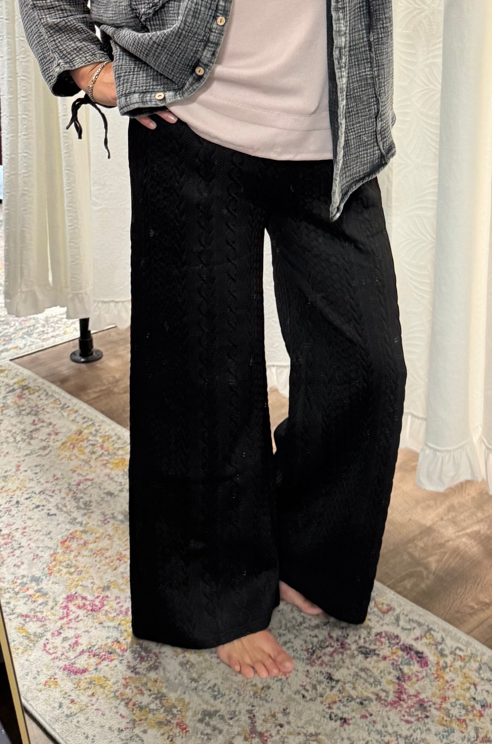 Black Cable Knit Textured Wide Leg Pants