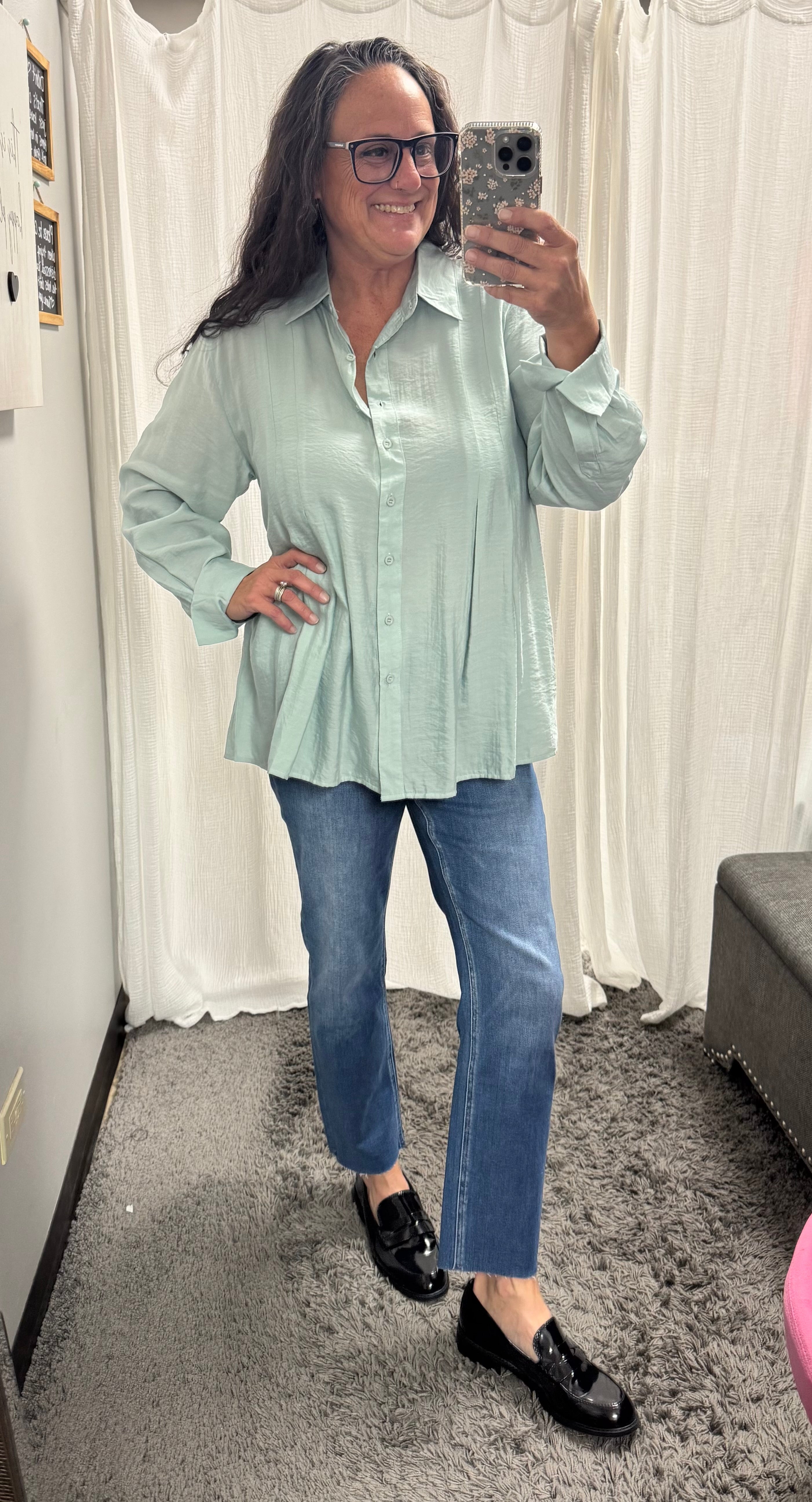 Dusty Sage Pleated Button Down Long Sleeve Shirt