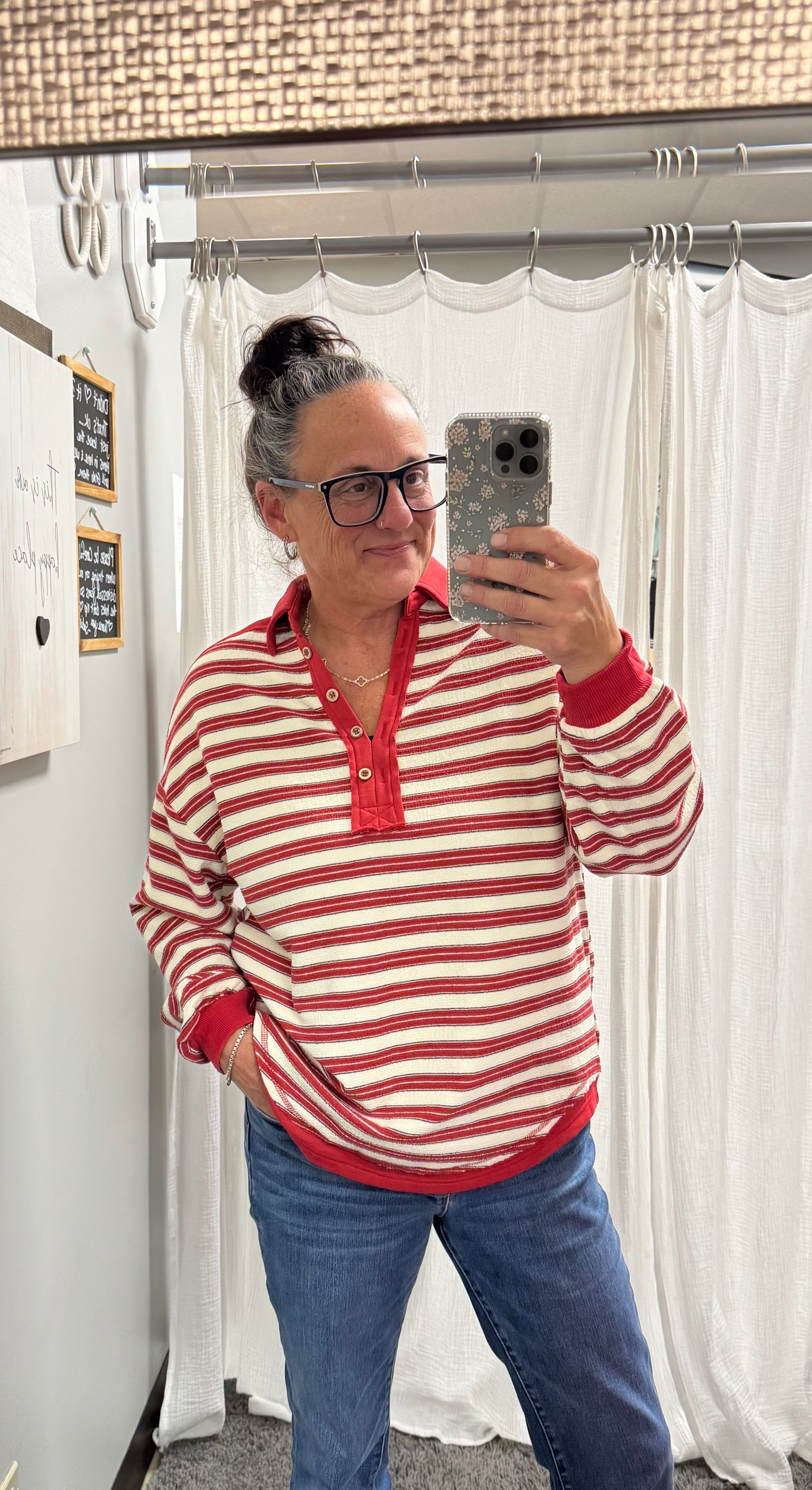 Red V Neck Striped Rugby Top