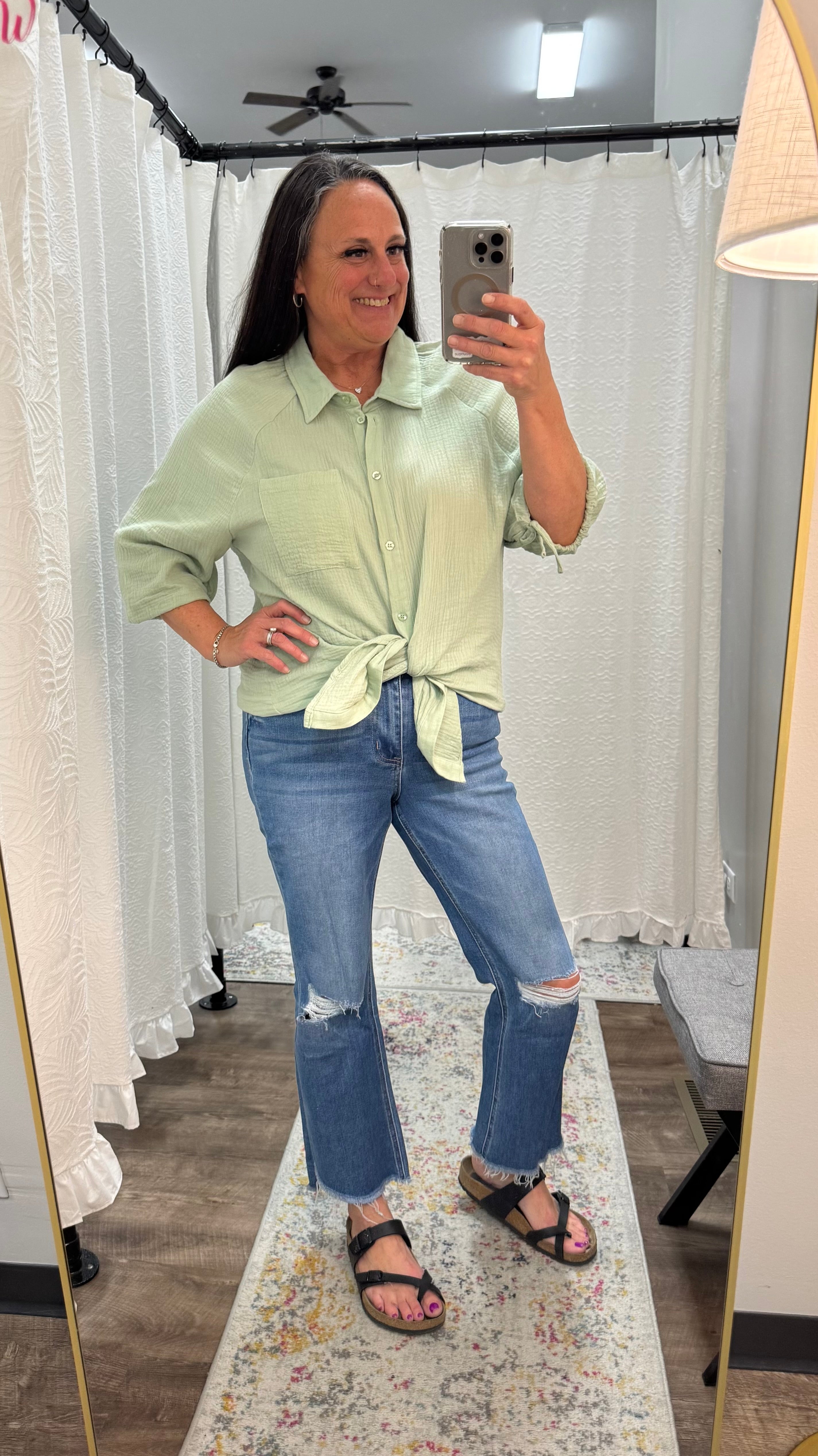 Mint Crinkle Texture Tie Sleeve Button Top - Posh West Boutique
