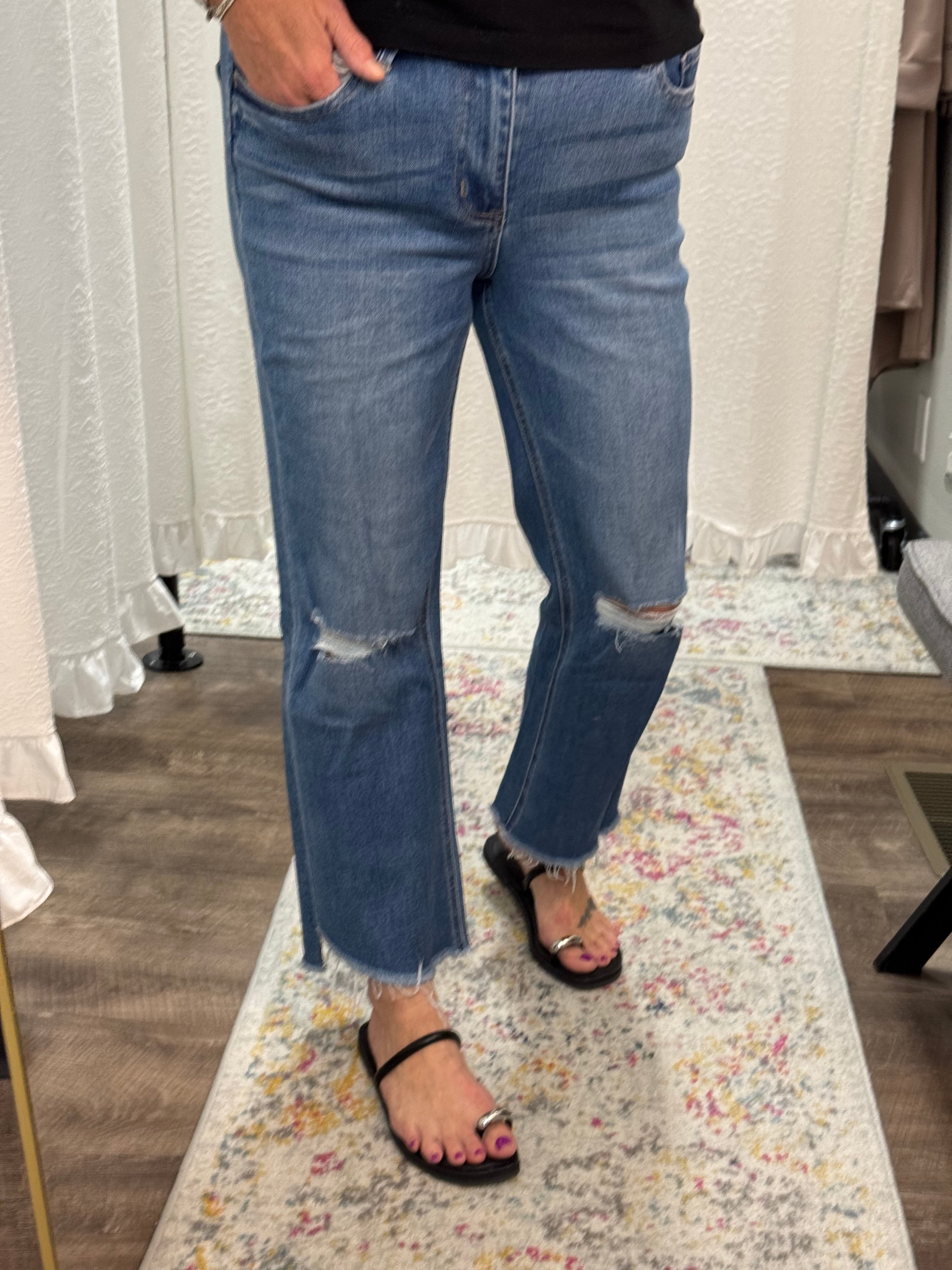 Vervet Mid Rise Raw Step Hem Kick Flare Jeans - Posh West Boutique