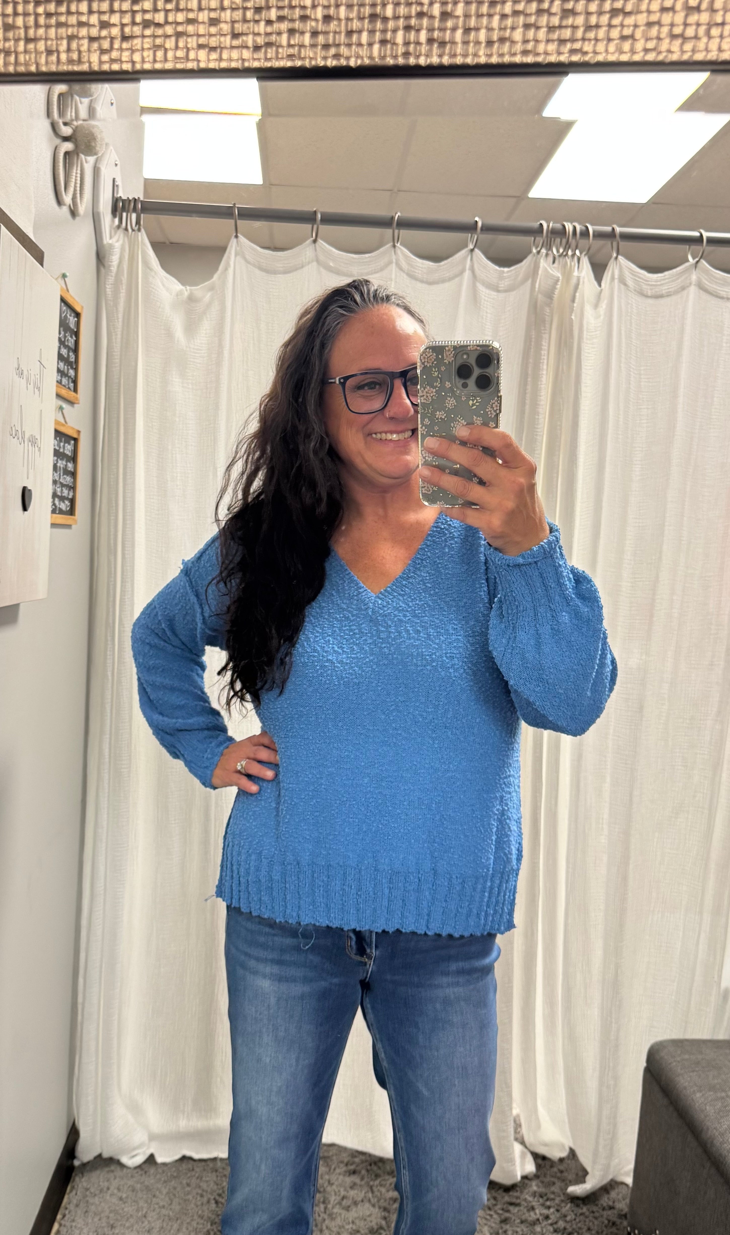 Dusty Blue Solid V-Neck Long Sleeve Sweater
