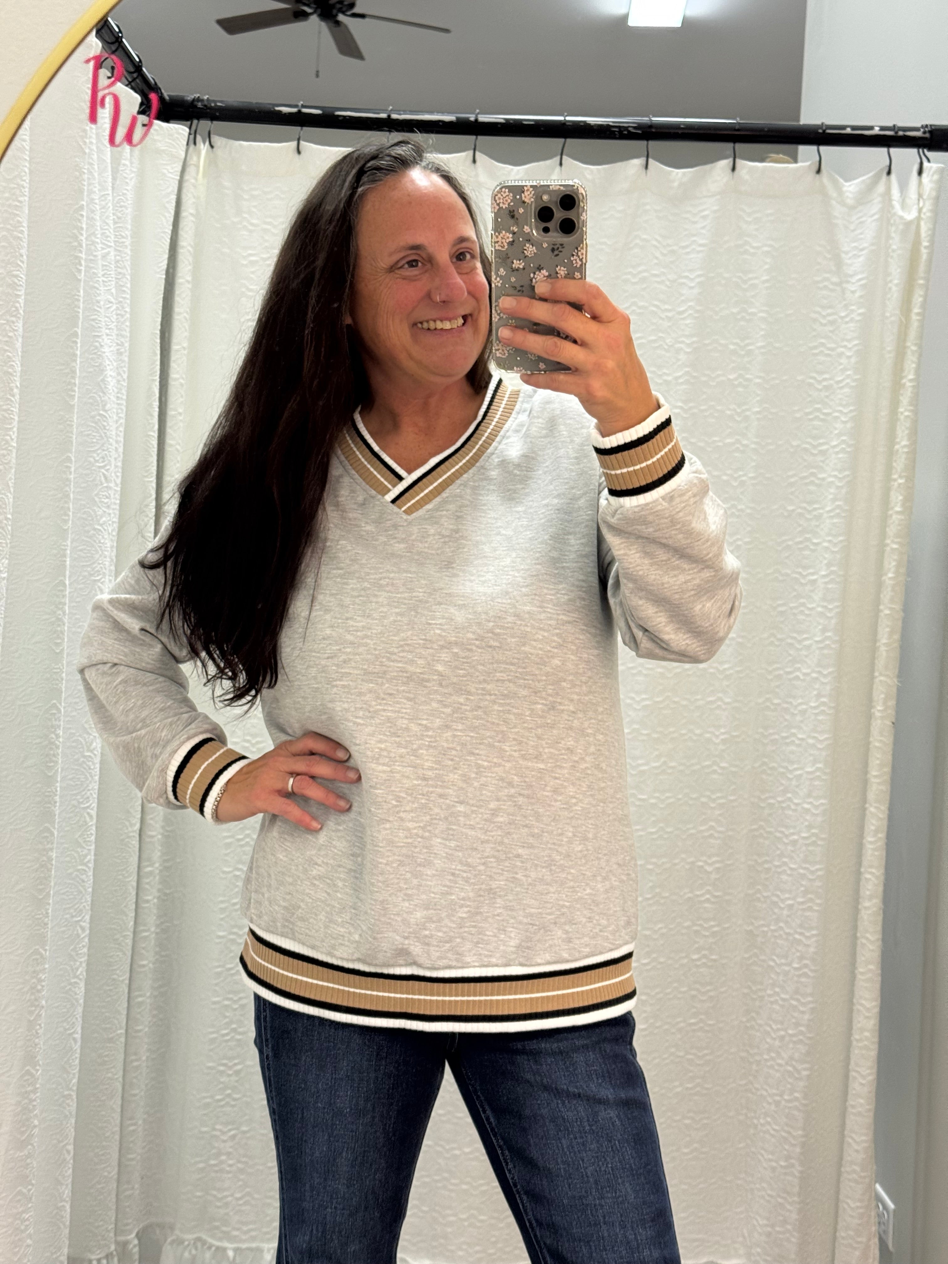 Gray Varsity V Neck Trim Sweatshirt - Posh West Boutique