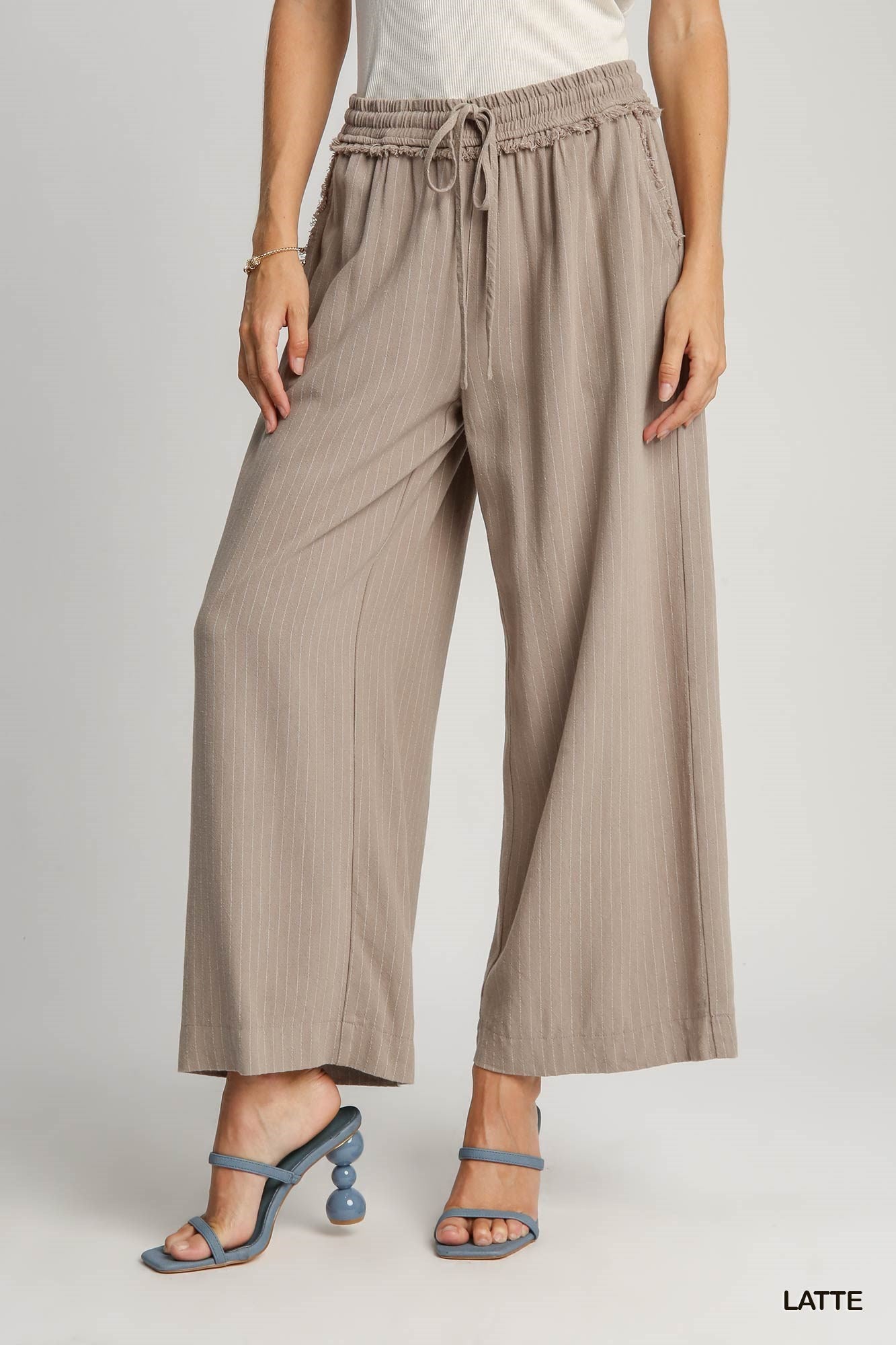 Linen Blend Striped Pants - Latte - Posh West Boutique