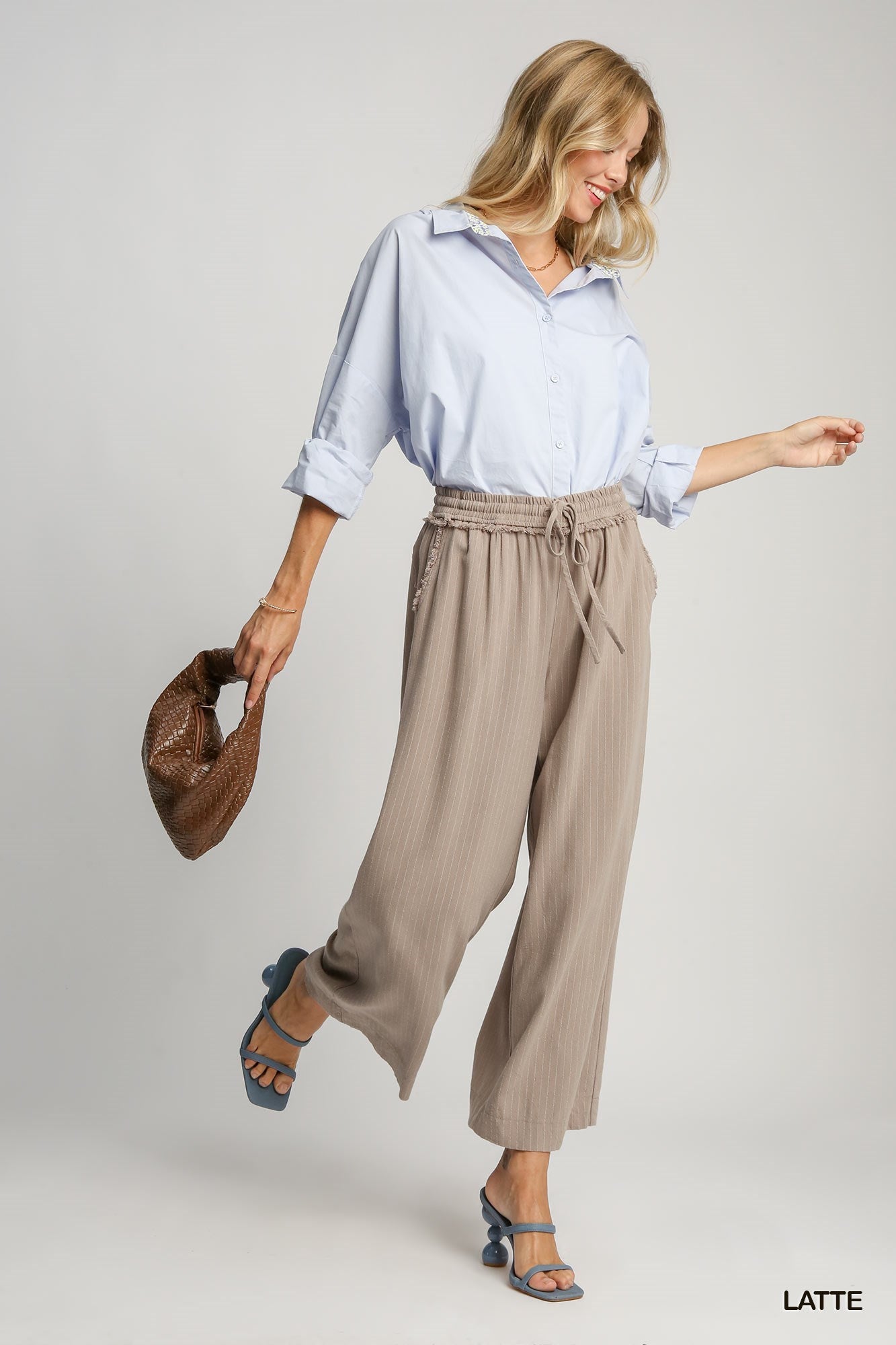 Linen Blend Striped Pants - Latte - Posh West Boutique