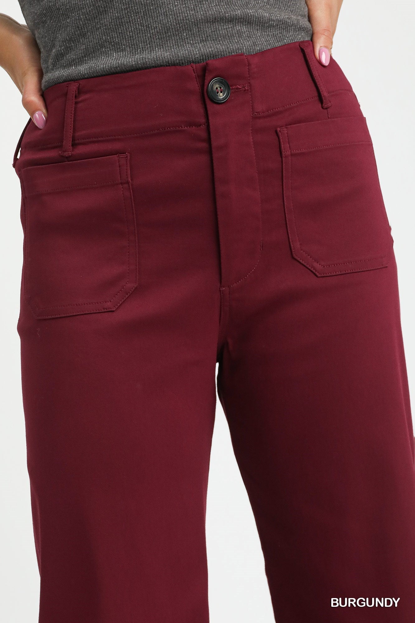 Burgundy Button Stretched Pants - Posh West Boutique