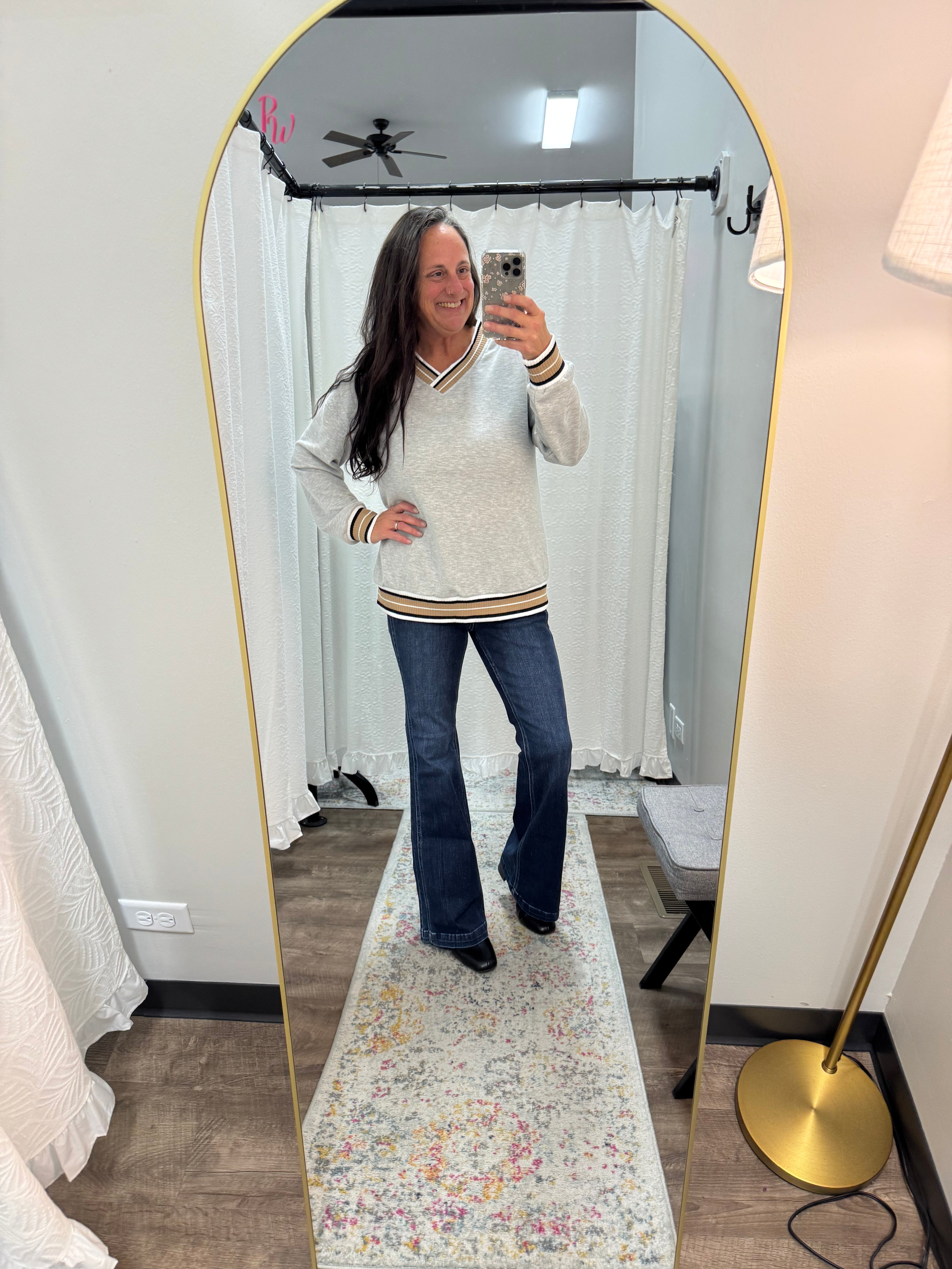 Gray Varsity V Neck Trim Sweatshirt - Posh West Boutique