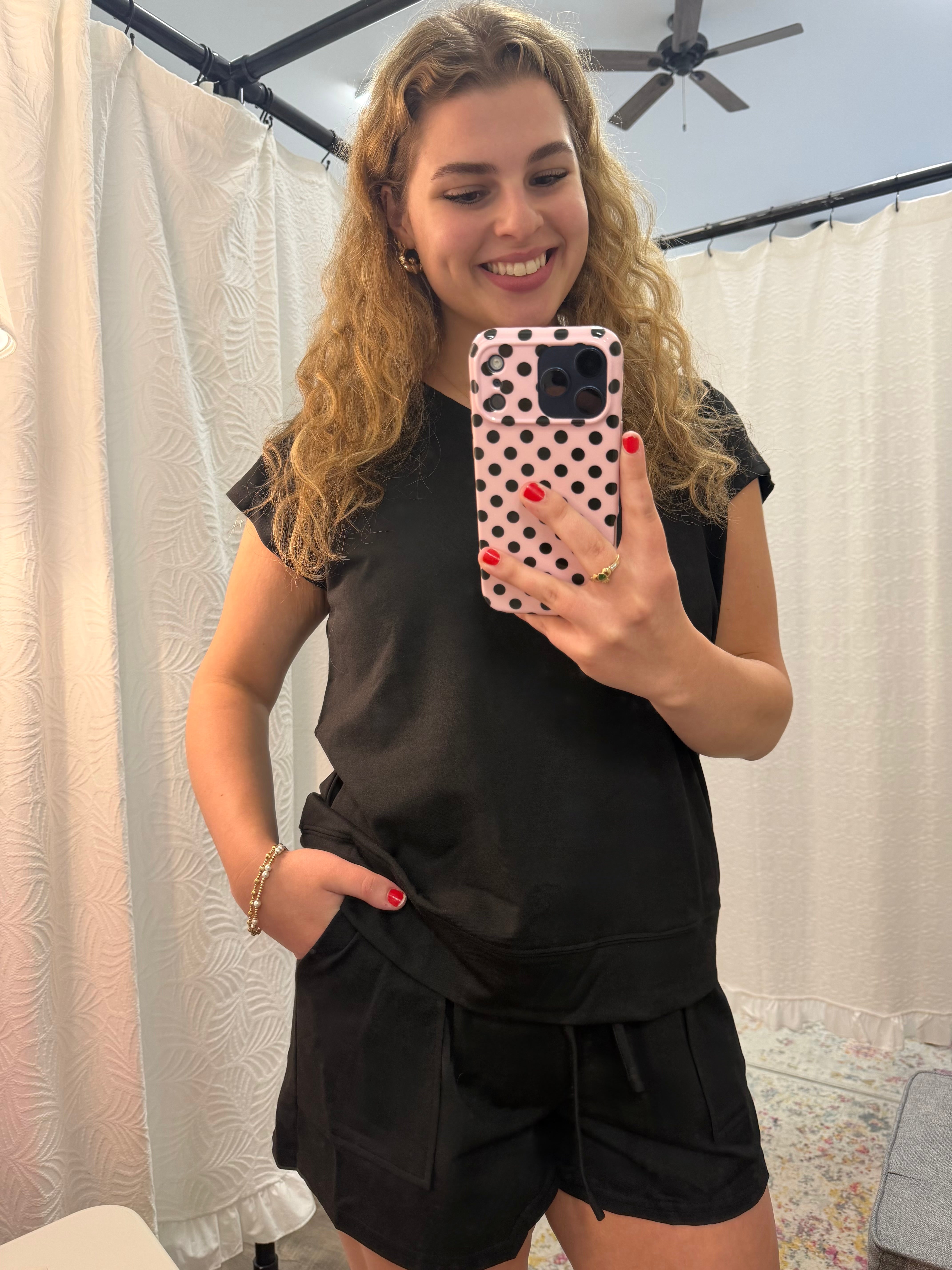 Black V Neck Short Sleeve Top & Drawstring Shorts Set
