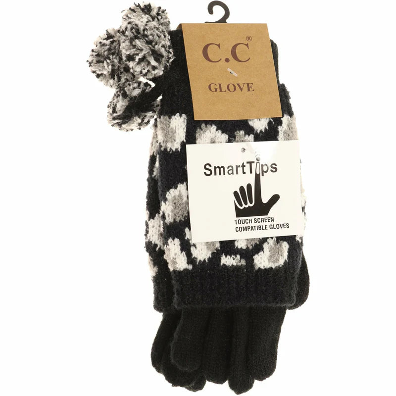 Black Leopard Print Cuffed CC Gloves with Pom
