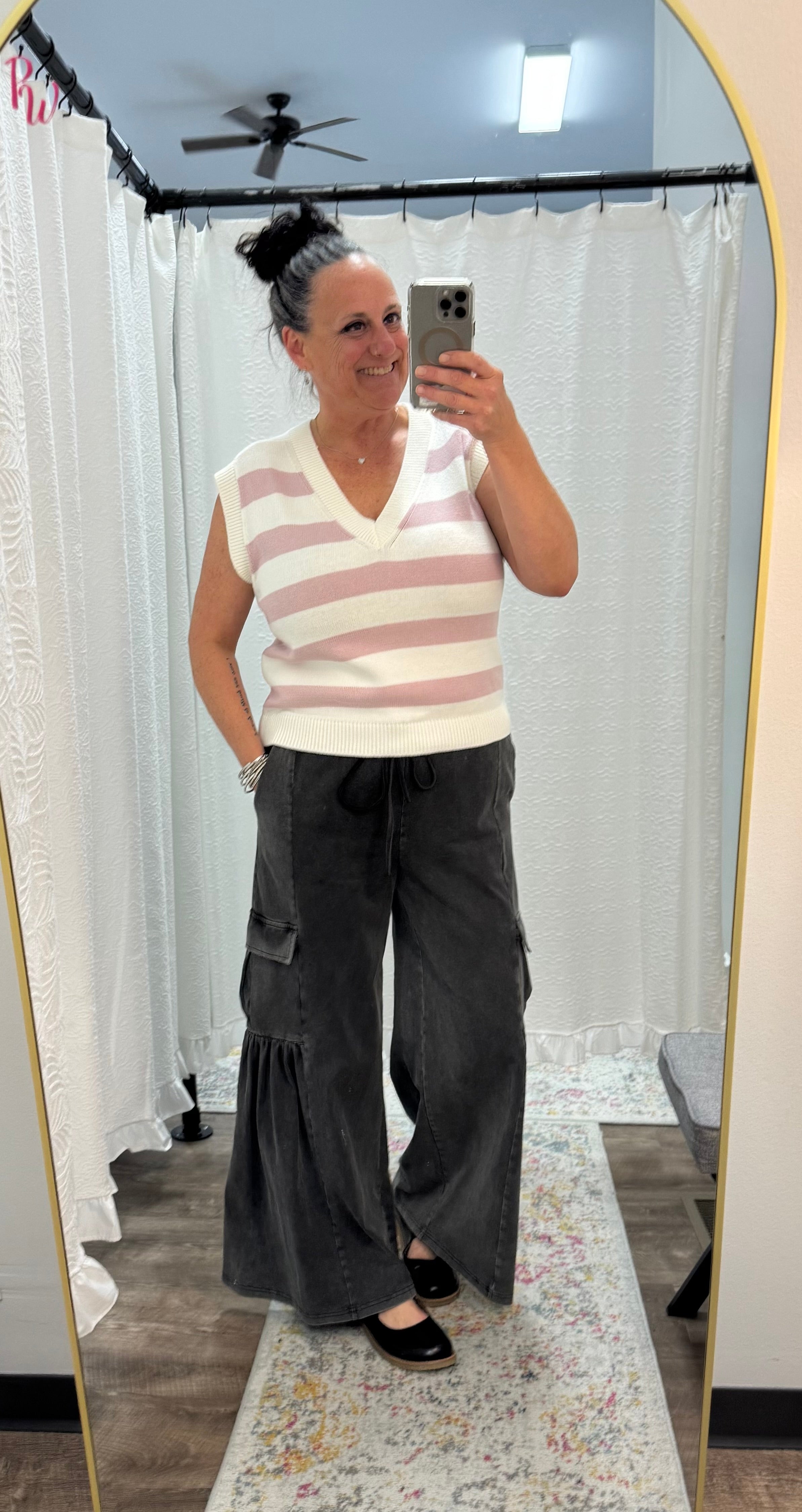 White and Pink Striped V-Neck Sweater Vest - Posh West Boutique