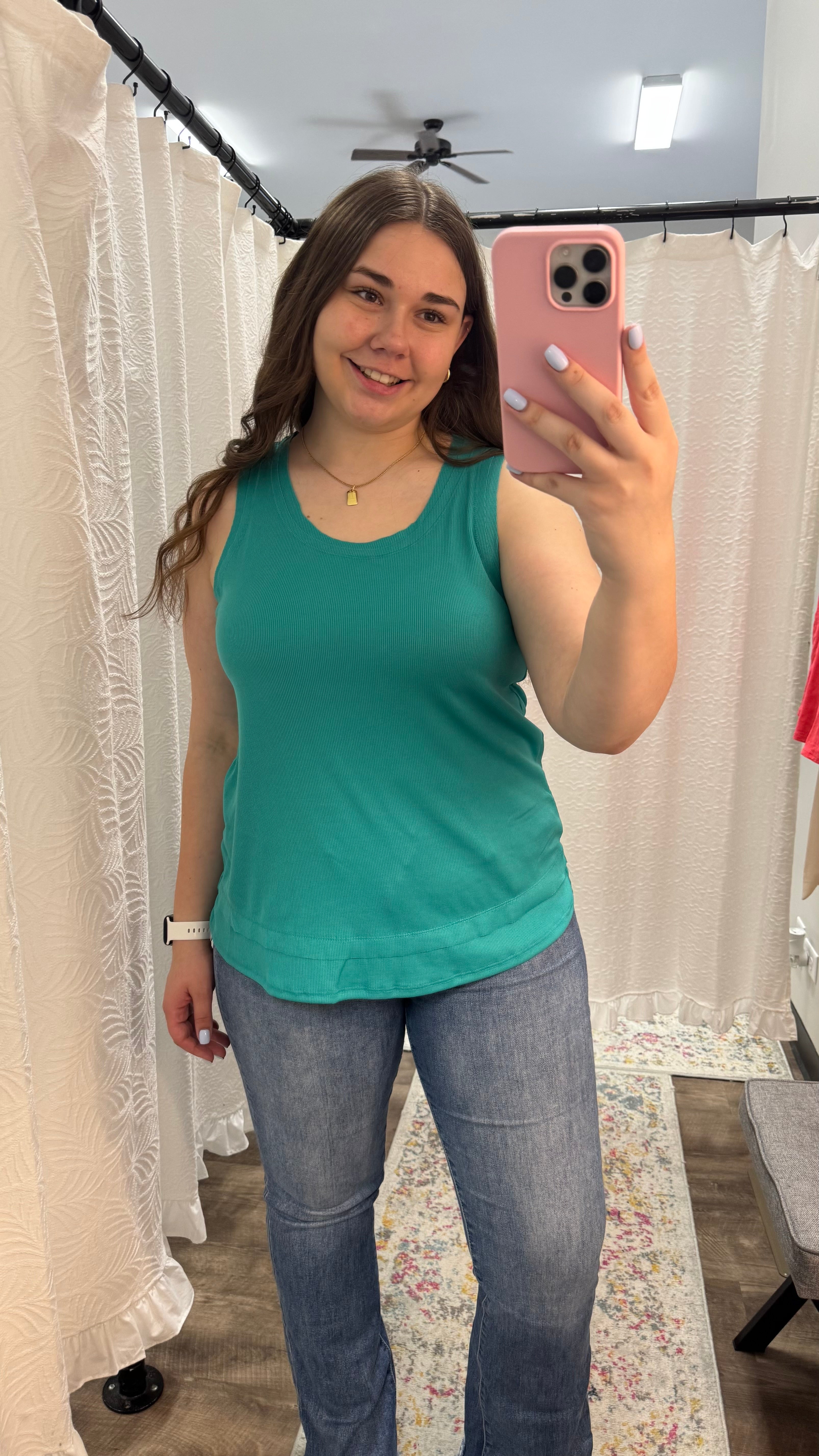 Emerald Ribbed Tank Top w/ Raw Edge Detail - Posh West Boutique