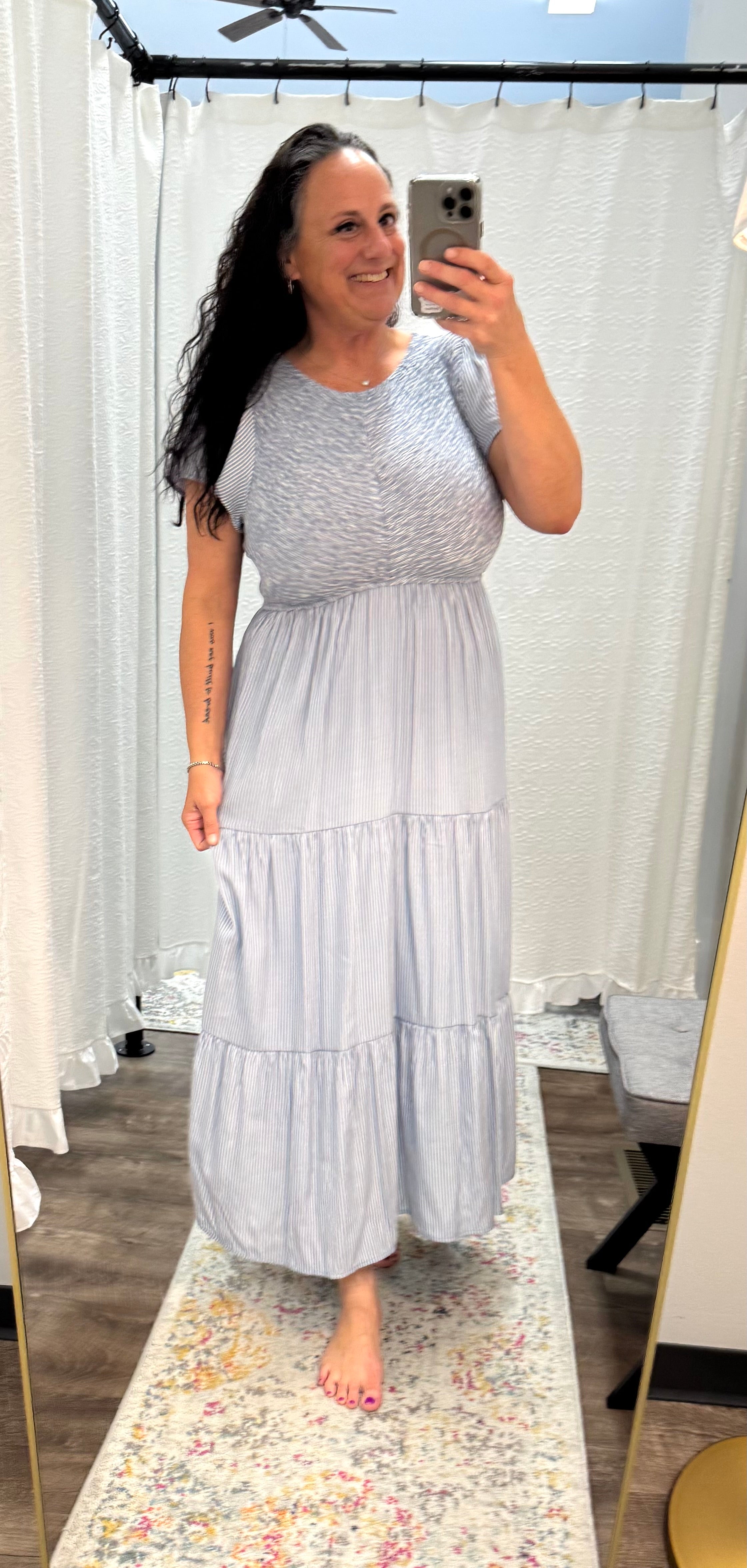 Smocked Bodice Striped Tiered Maxi