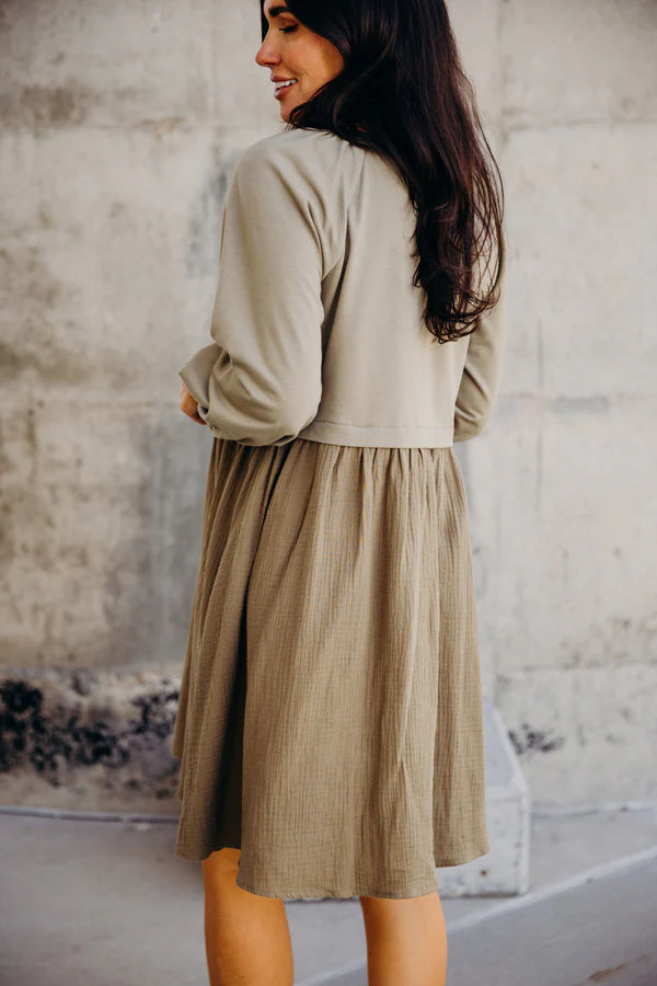 The Dawn Dress in Dusty Olive 3/4 Sleeve - Posh West Boutique
