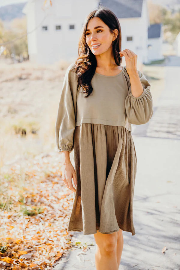 The Dawn Dress in Dusty Olive 3/4 Sleeve - Posh West Boutique