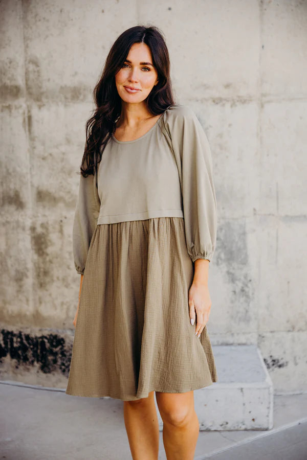 The Dawn Dress in Dusty Olive 3/4 Sleeve - Posh West Boutique