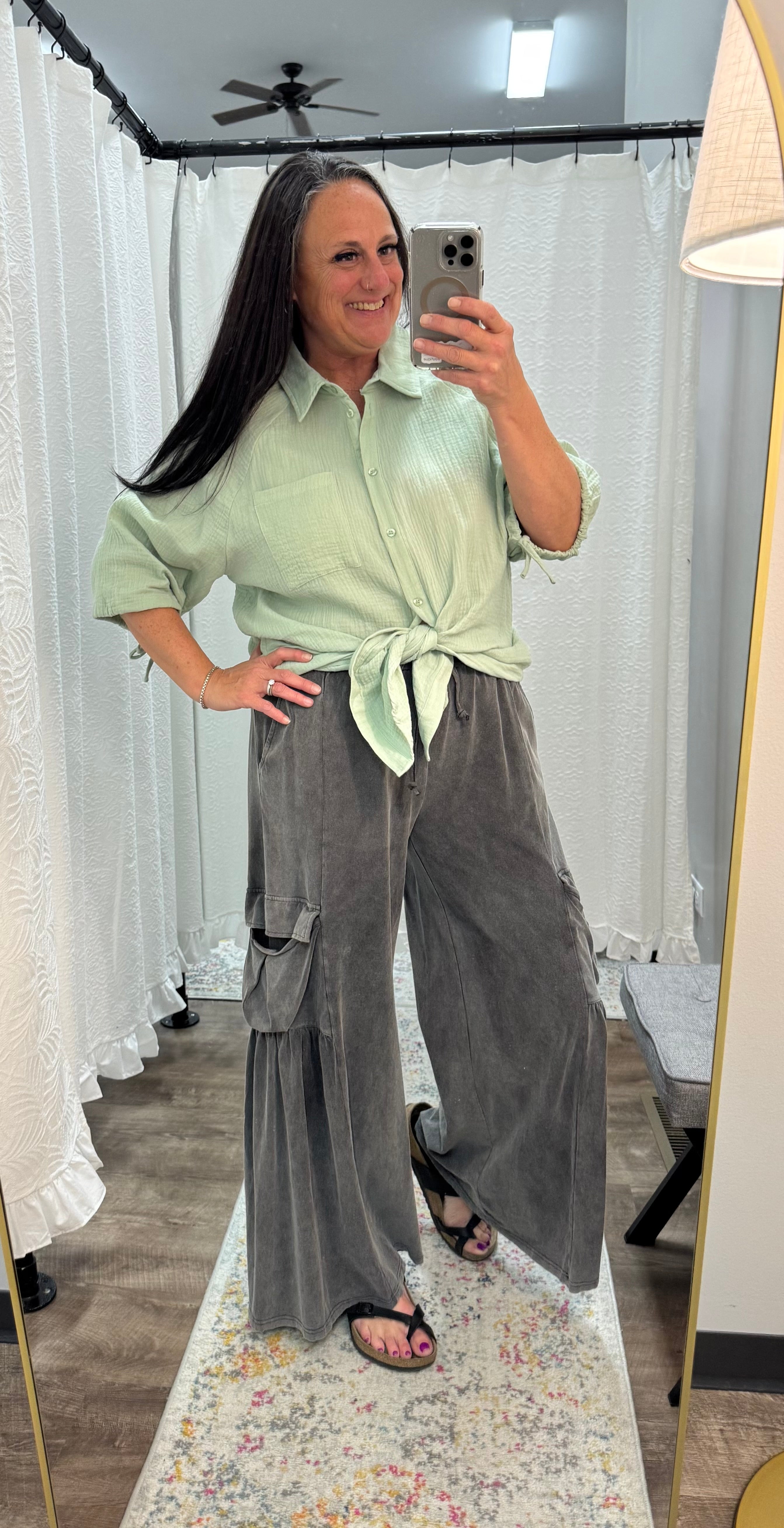 Mint Crinkle Texture Tie Sleeve Button Top - Posh West Boutique