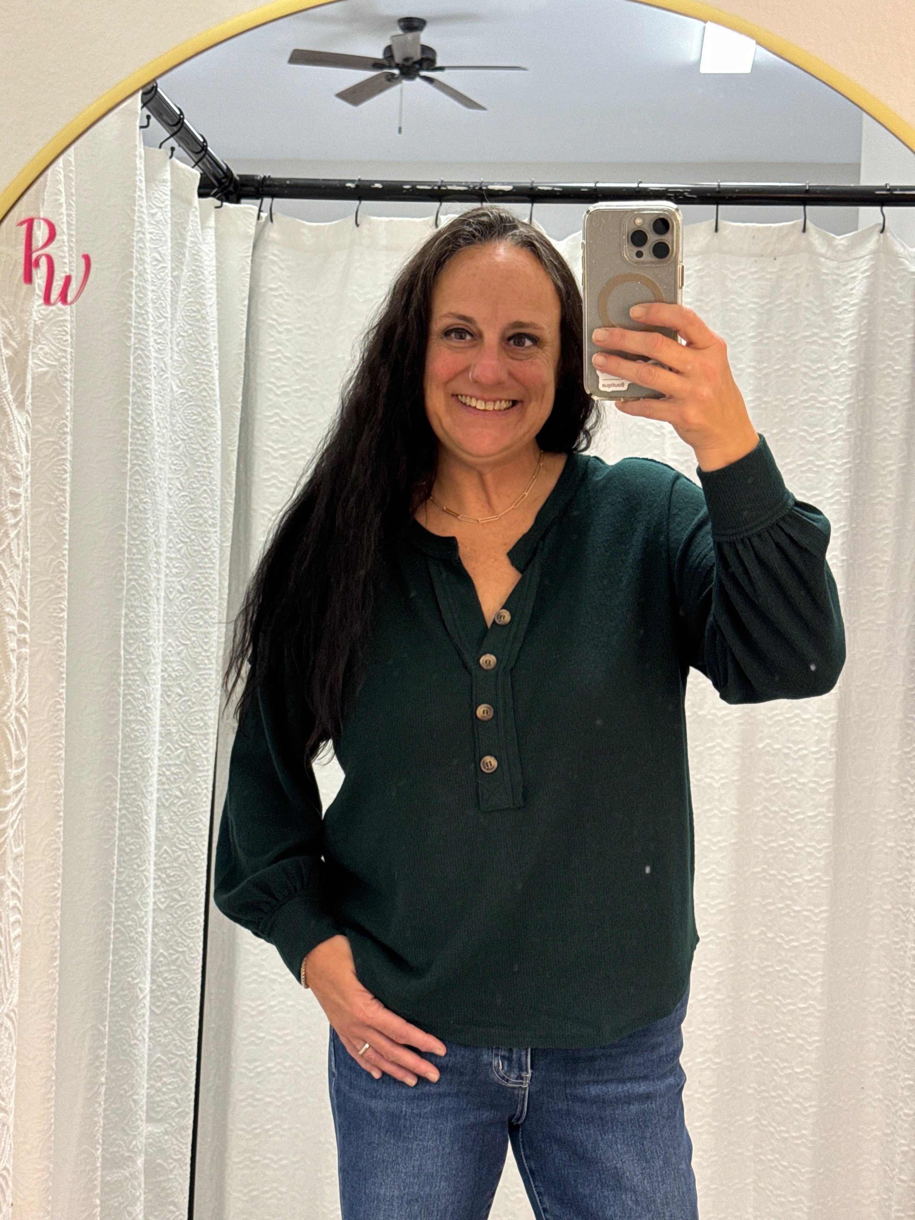 Hunter Green Half Button Up V Neck Top - Posh West Boutique