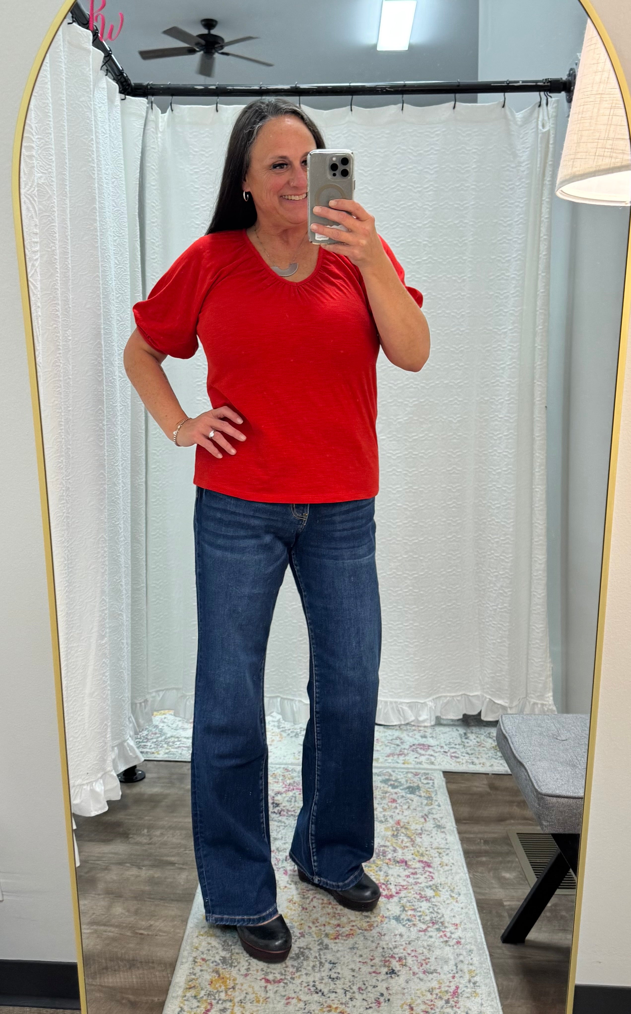 Aura Red V-Neck Short Puff Sleeve