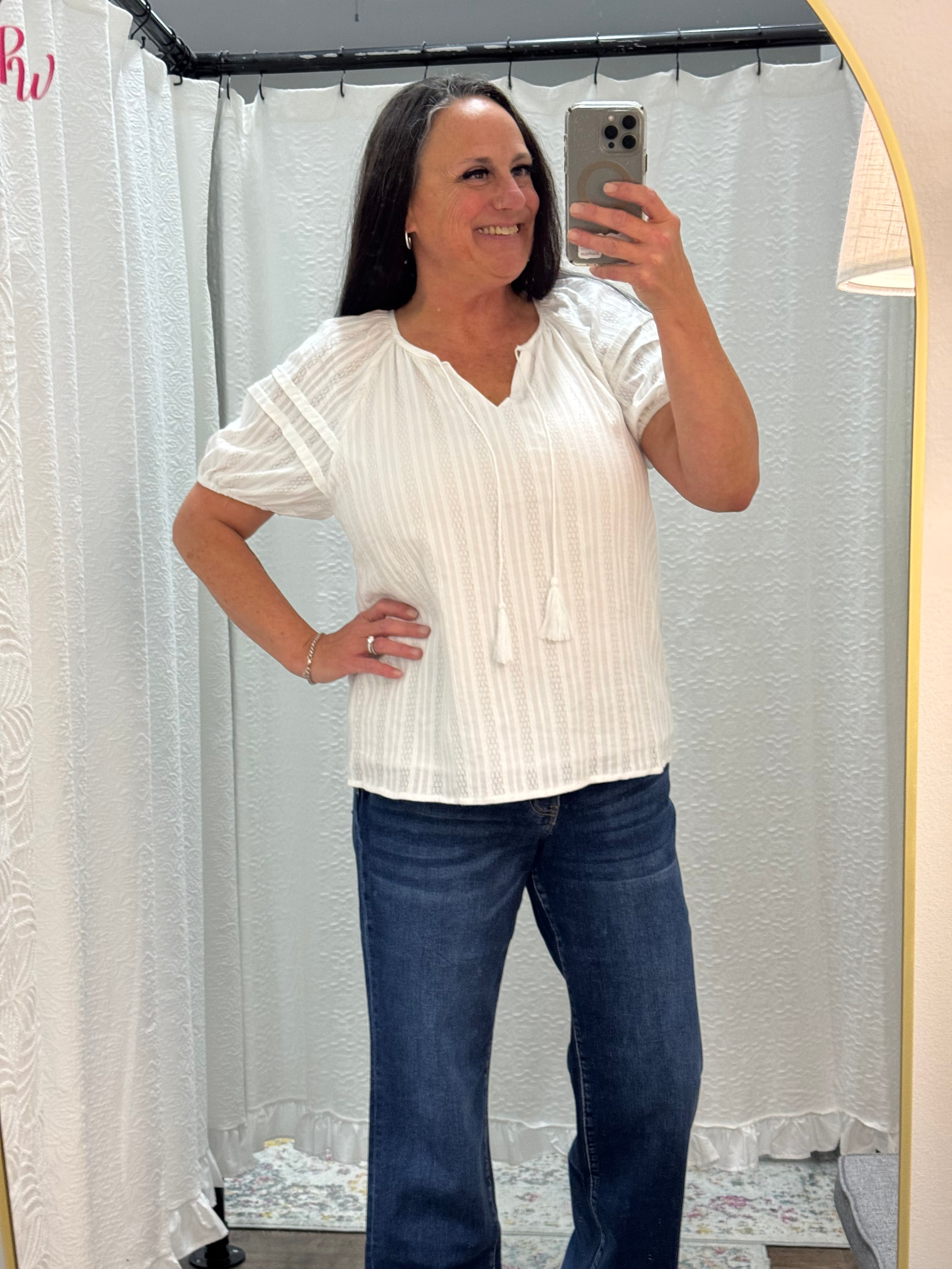 Off White Tassel Pleated Top - Posh West Boutique