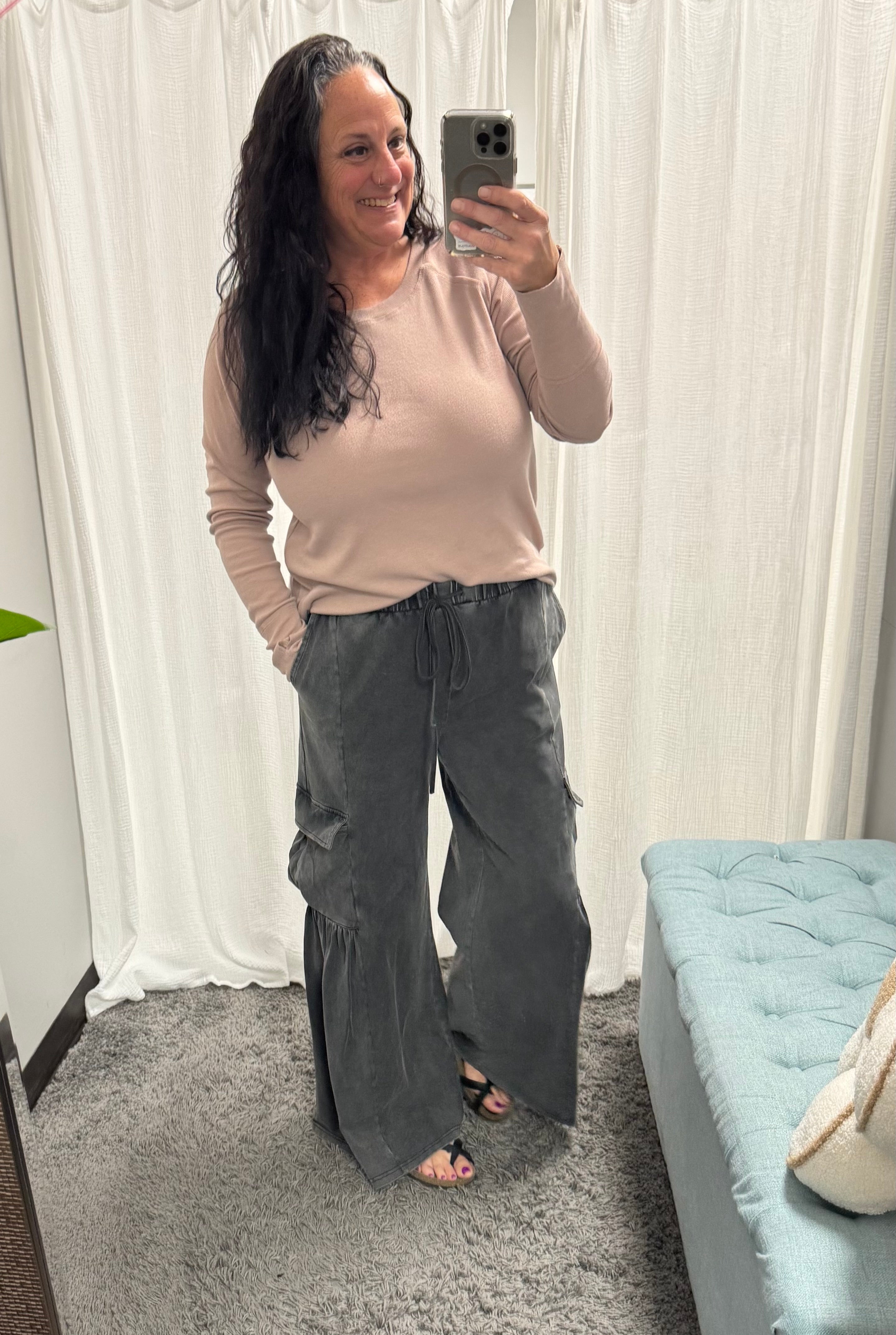 Mineral Wash Soft Knit Cargo Pants w/ Wide Leg - Posh West Boutique