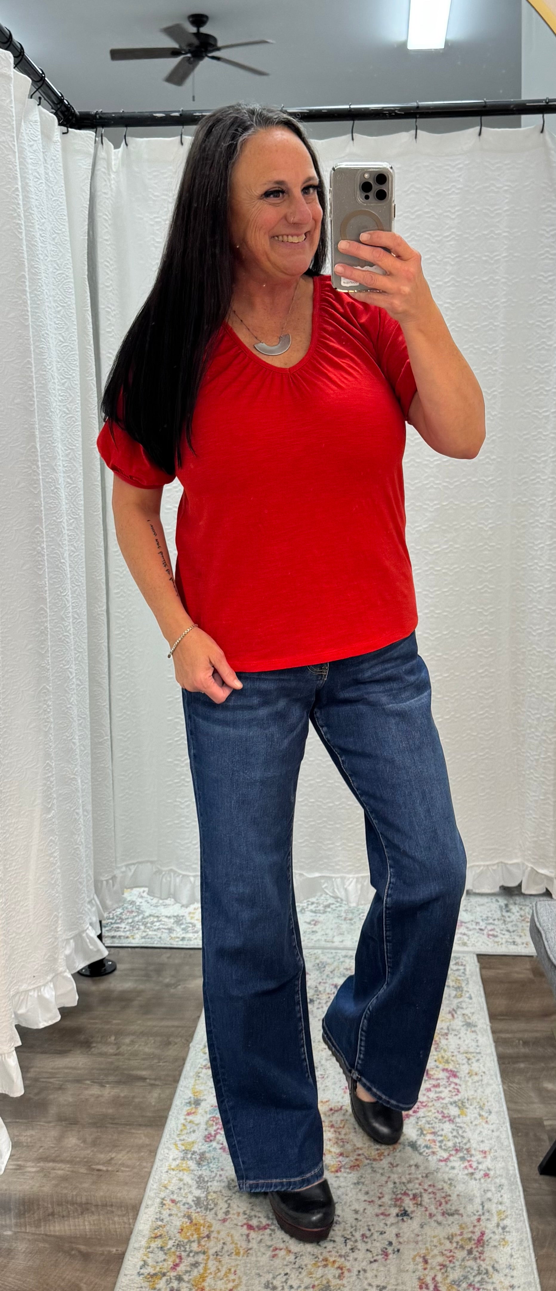 Aura Red V-Neck Short Puff Sleeve
