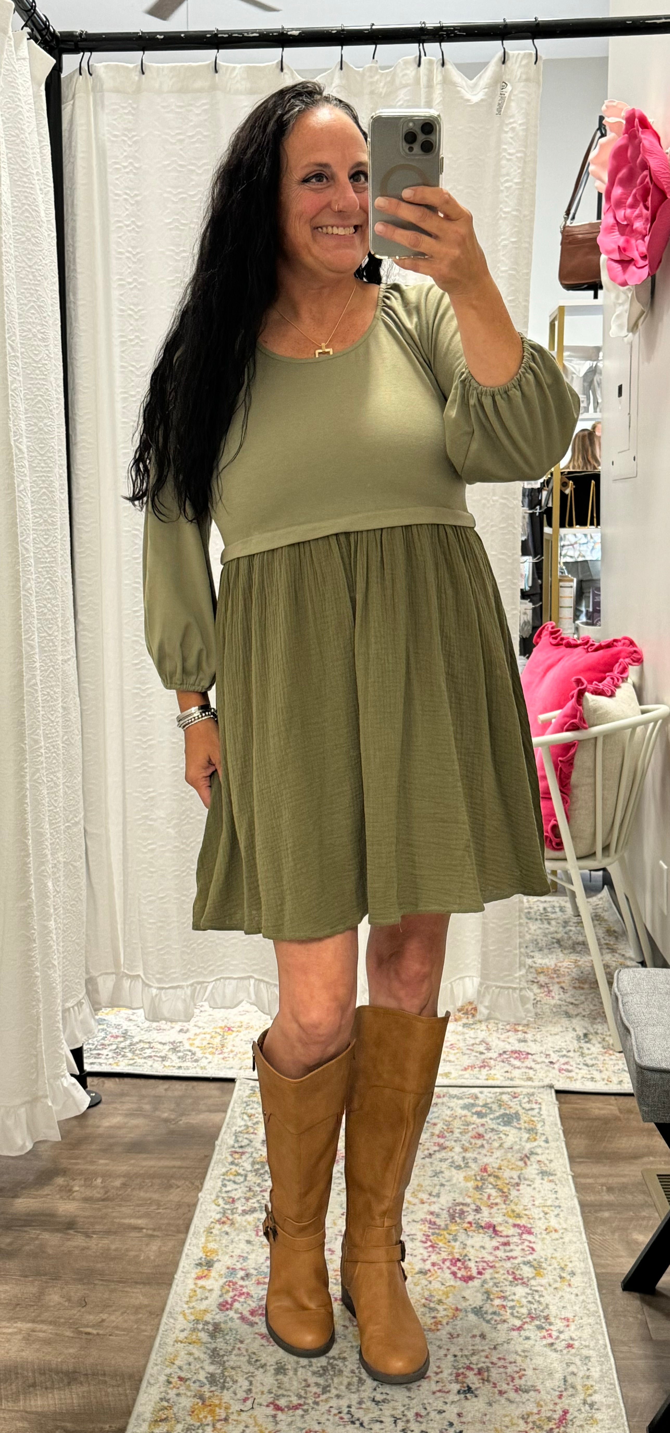 The Dawn Dress in Dusty Olive 3/4 Sleeve - Posh West Boutique