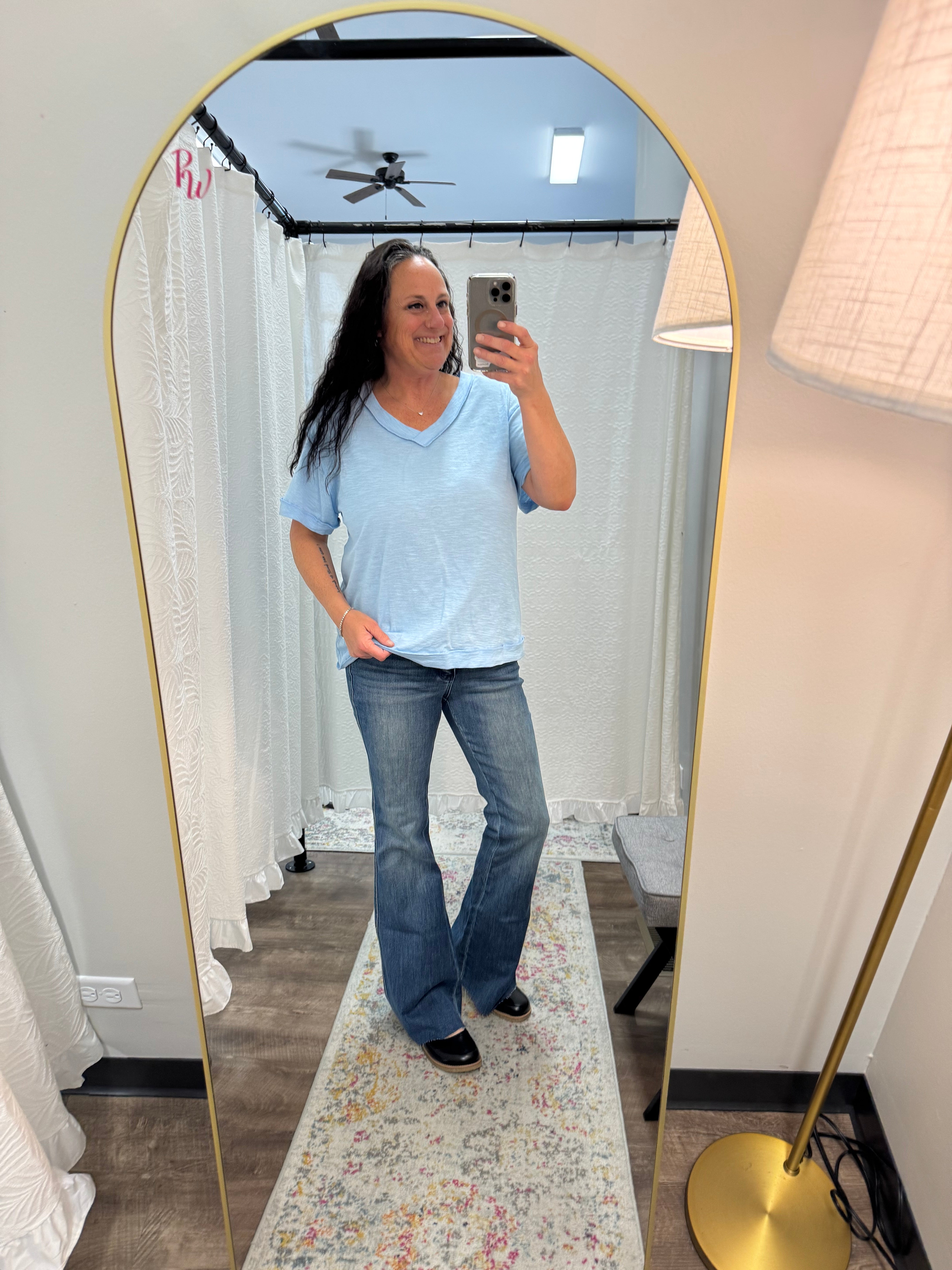 Light Blue Raw Edge Cotton V Neck Top - Posh West Boutique