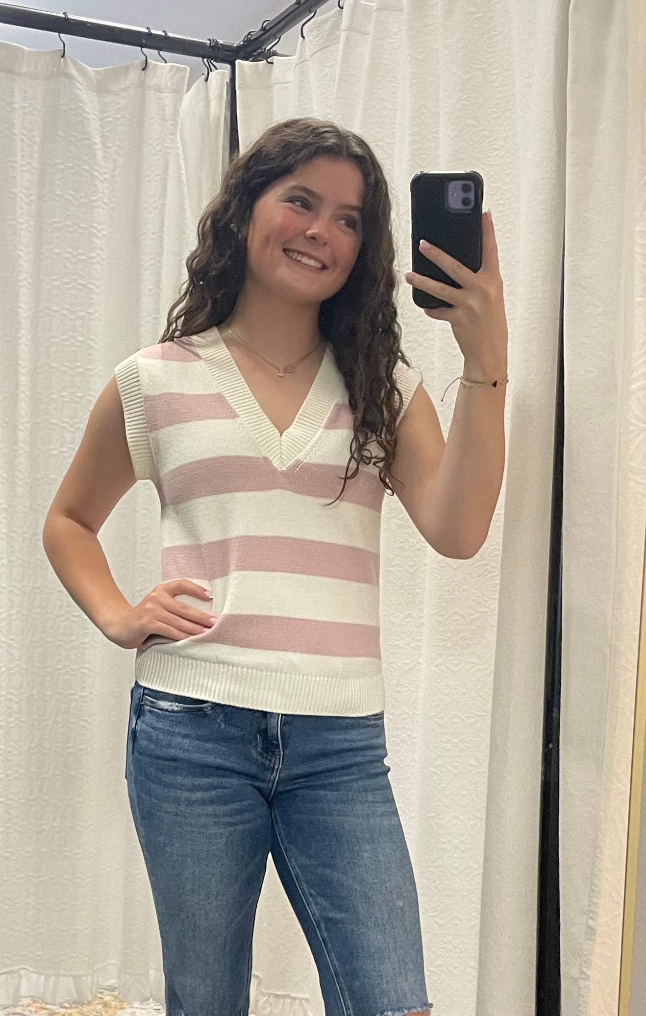 White and Pink Striped V-Neck Sweater Vest - Posh West Boutique