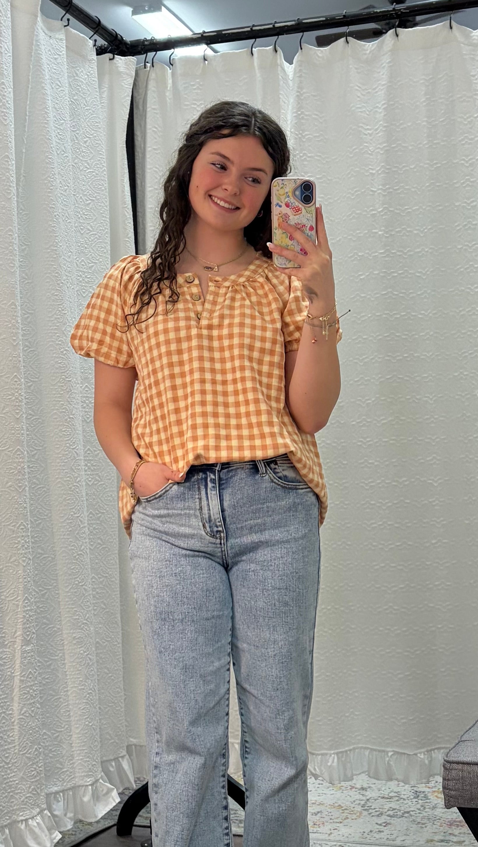 Peach Gingham Button Detail Puff Sleeve Scoop Neck Top - Posh West Boutique