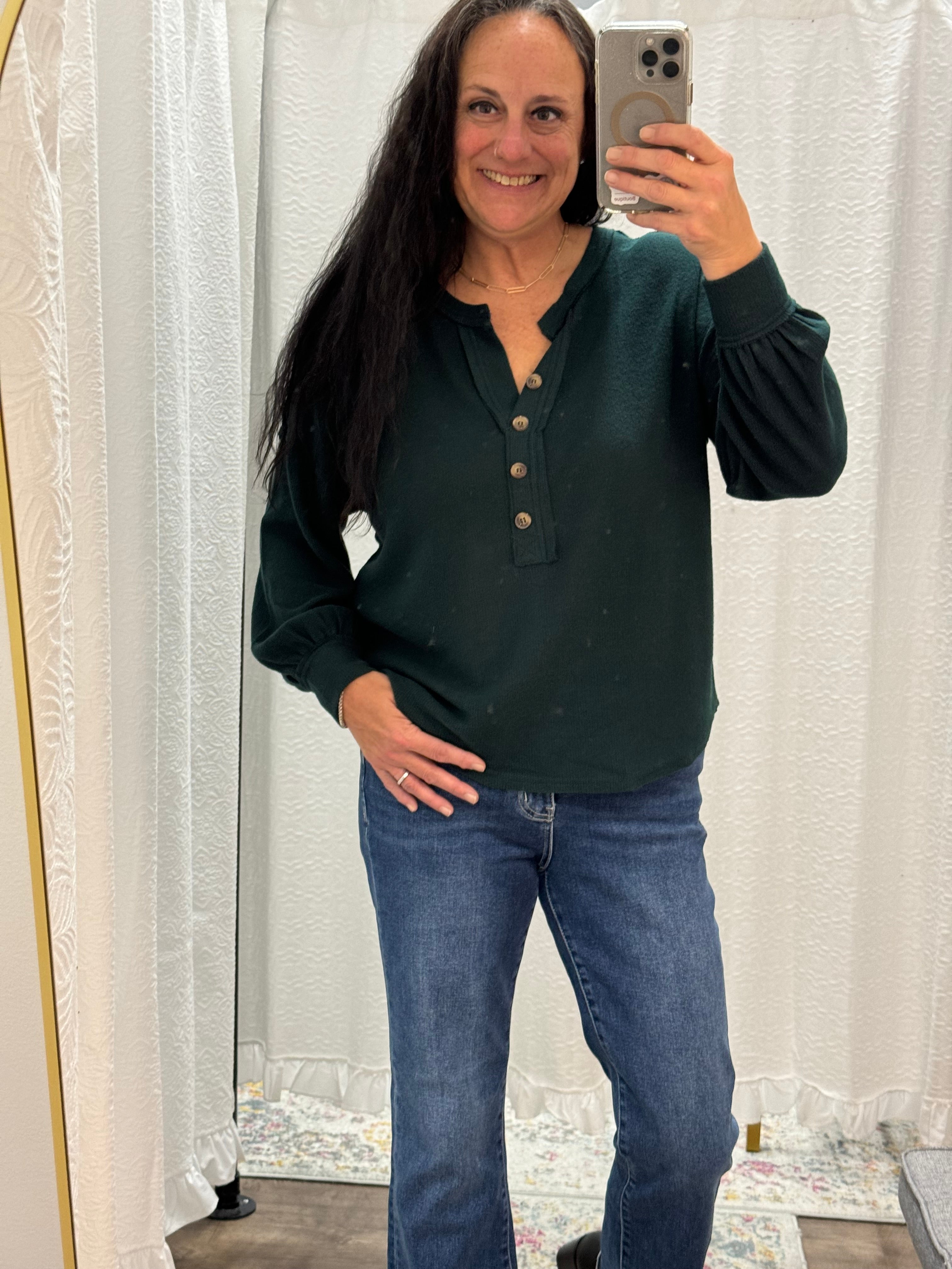 Hunter Green Half Button Up V Neck Top - Posh West Boutique