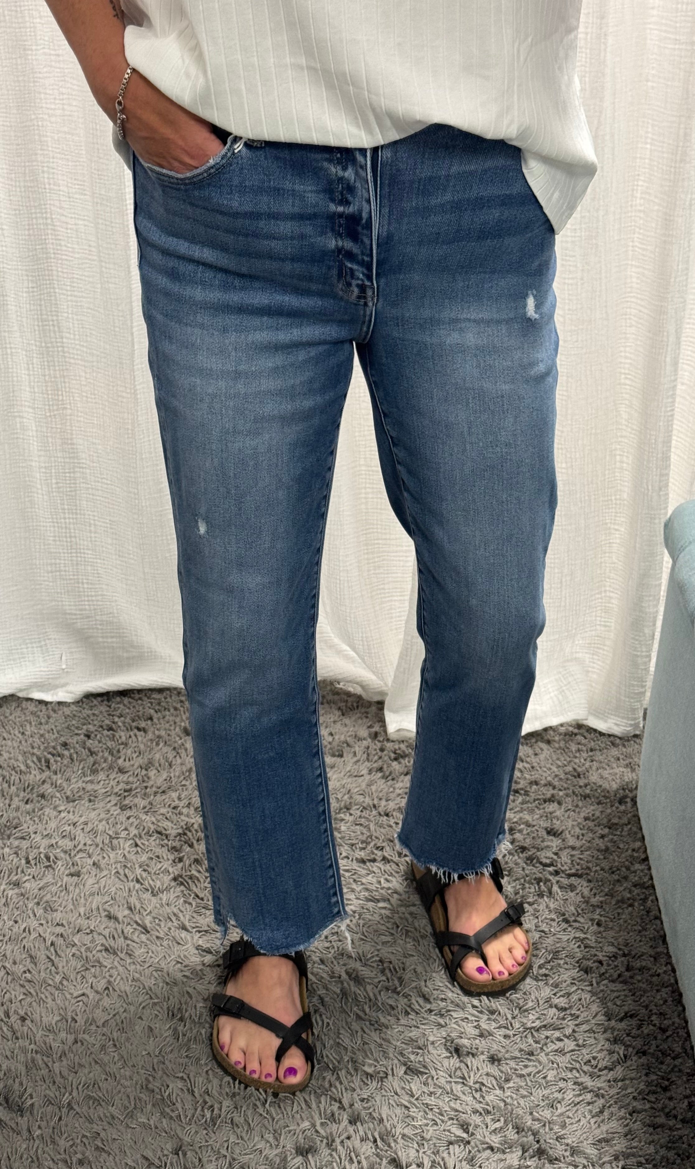 Vervet High Rise Uneven Hem Slim Straight - Posh West Boutique