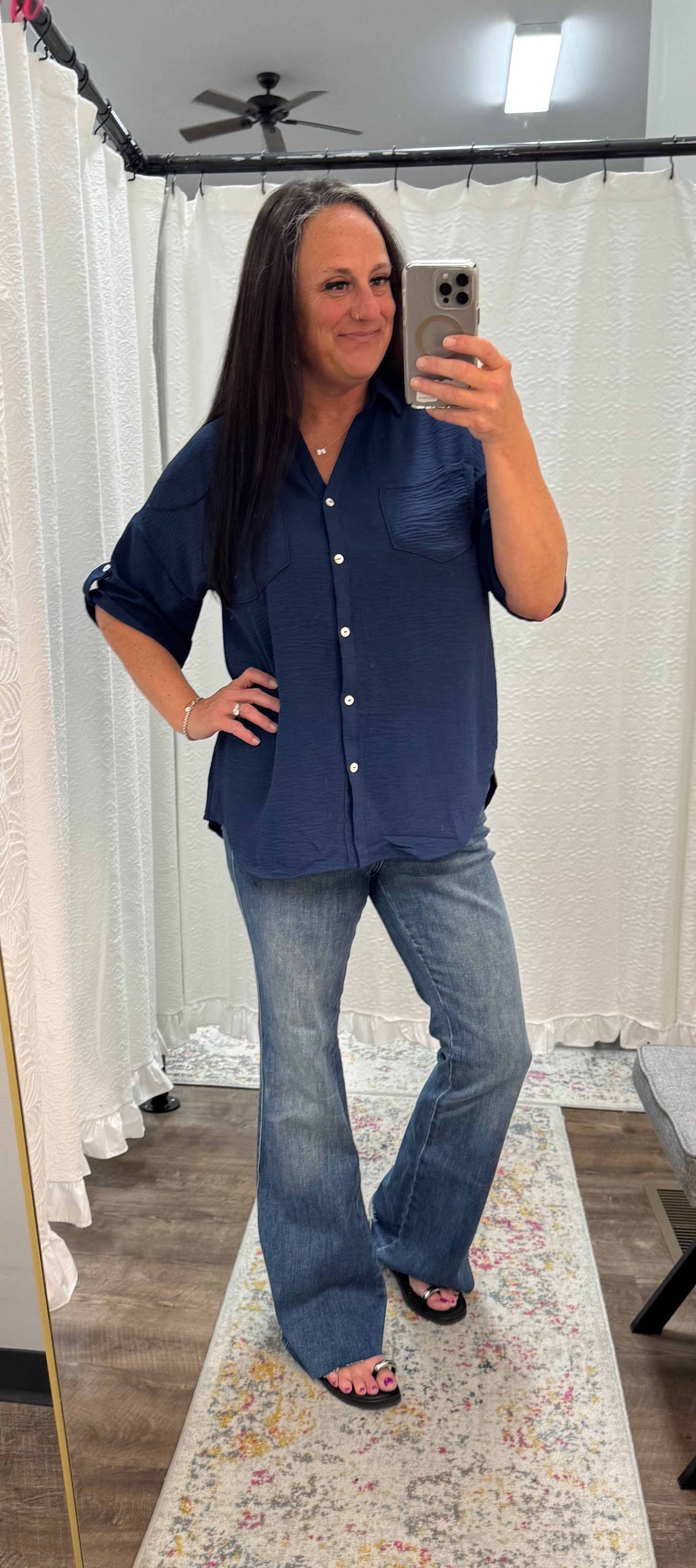 Navy Half Sleeve Collared Button Down Top