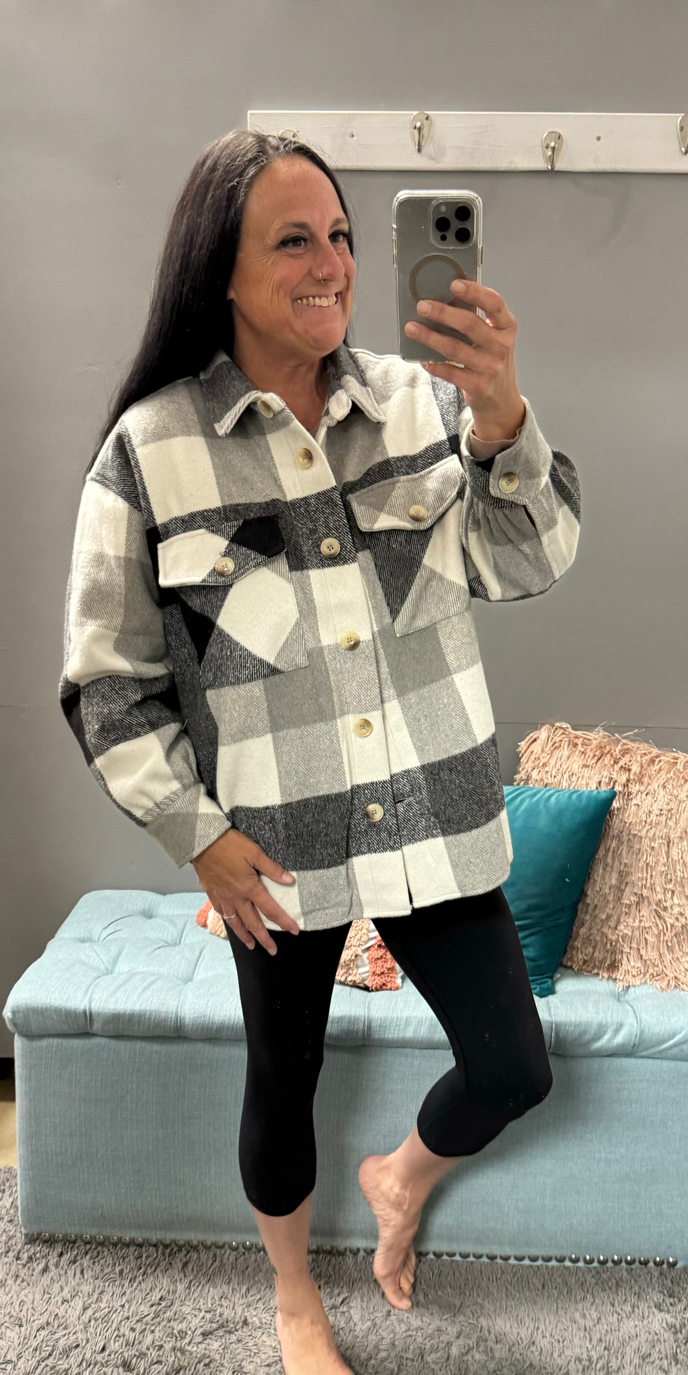 Black/Ivory Plaid Button Down Lined Shacket - Posh West Boutique