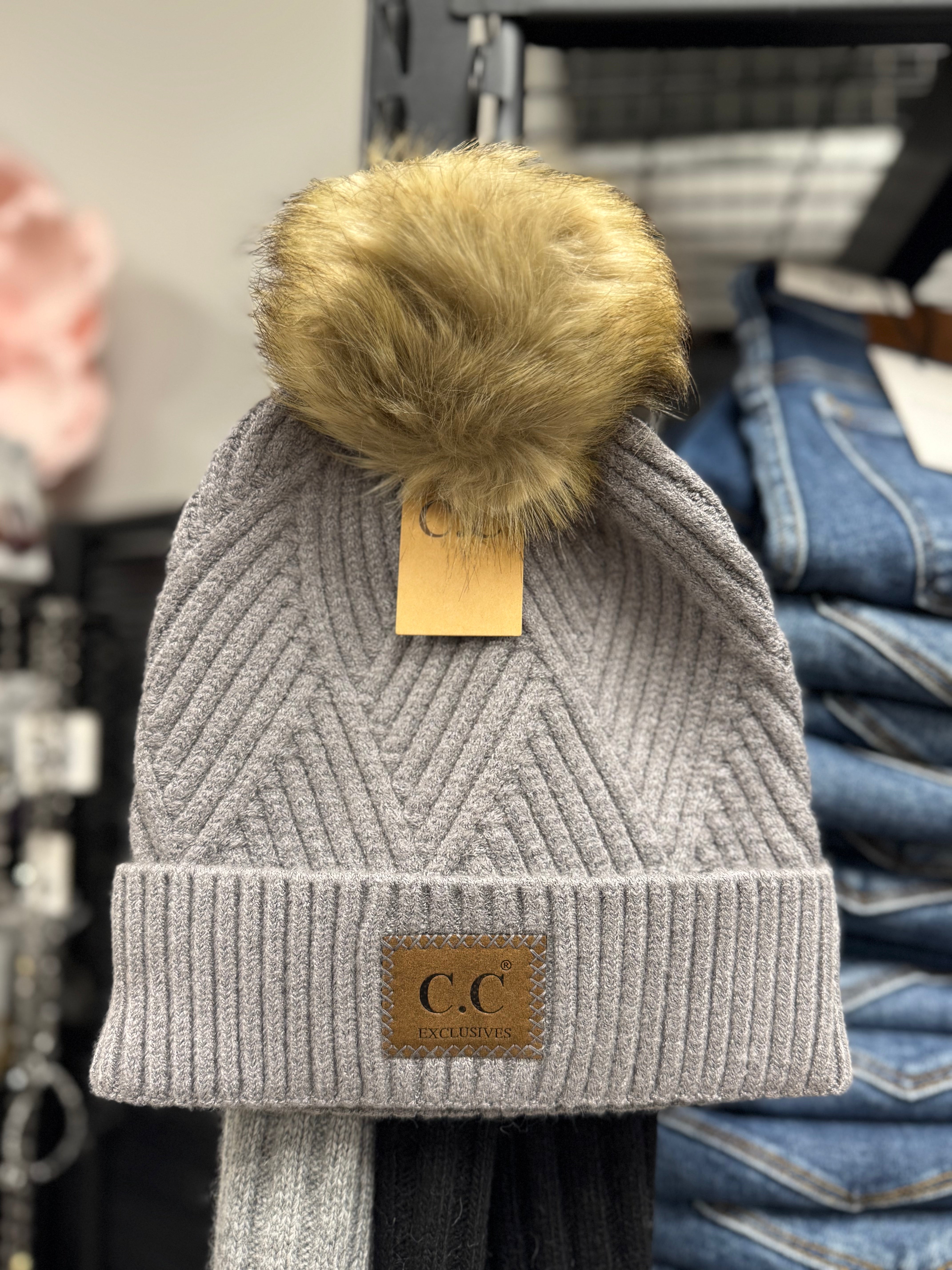 CC Large Patch Heathered Pom Beanie - Posh West Boutique