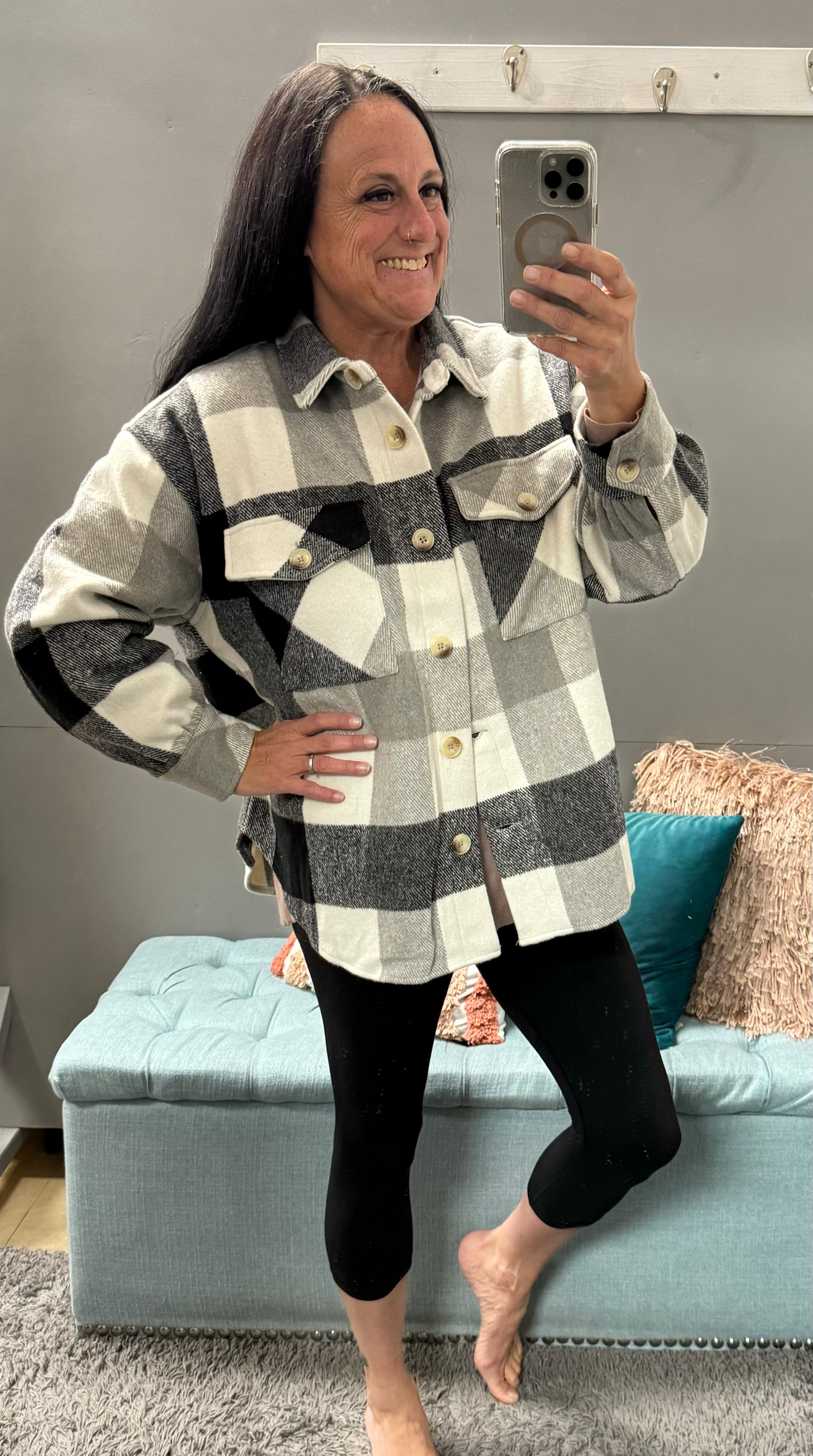 Black/Ivory Plaid Button Down Lined Shacket - Posh West Boutique