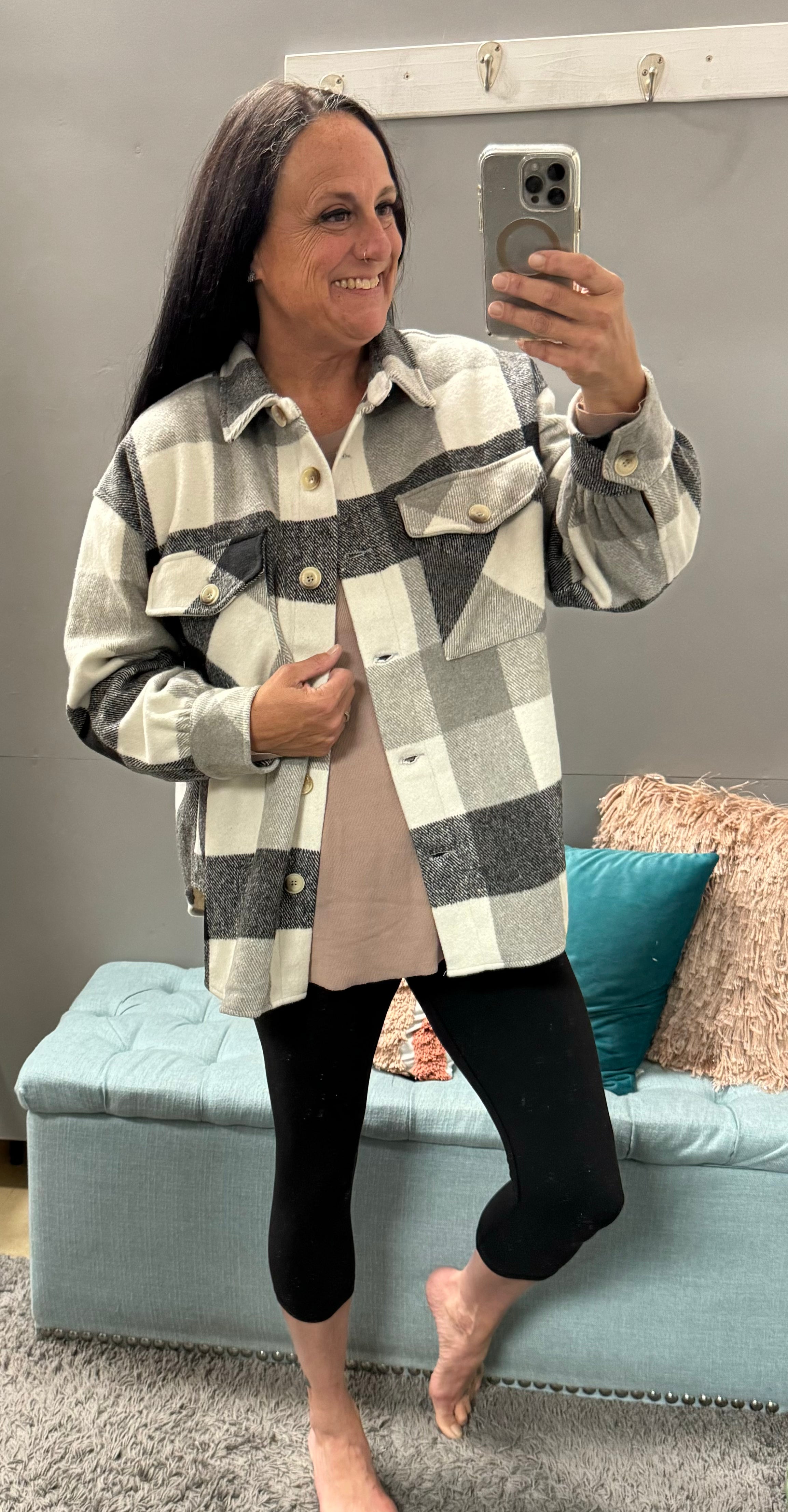 Black/Ivory Plaid Button Down Lined Shacket - Posh West Boutique