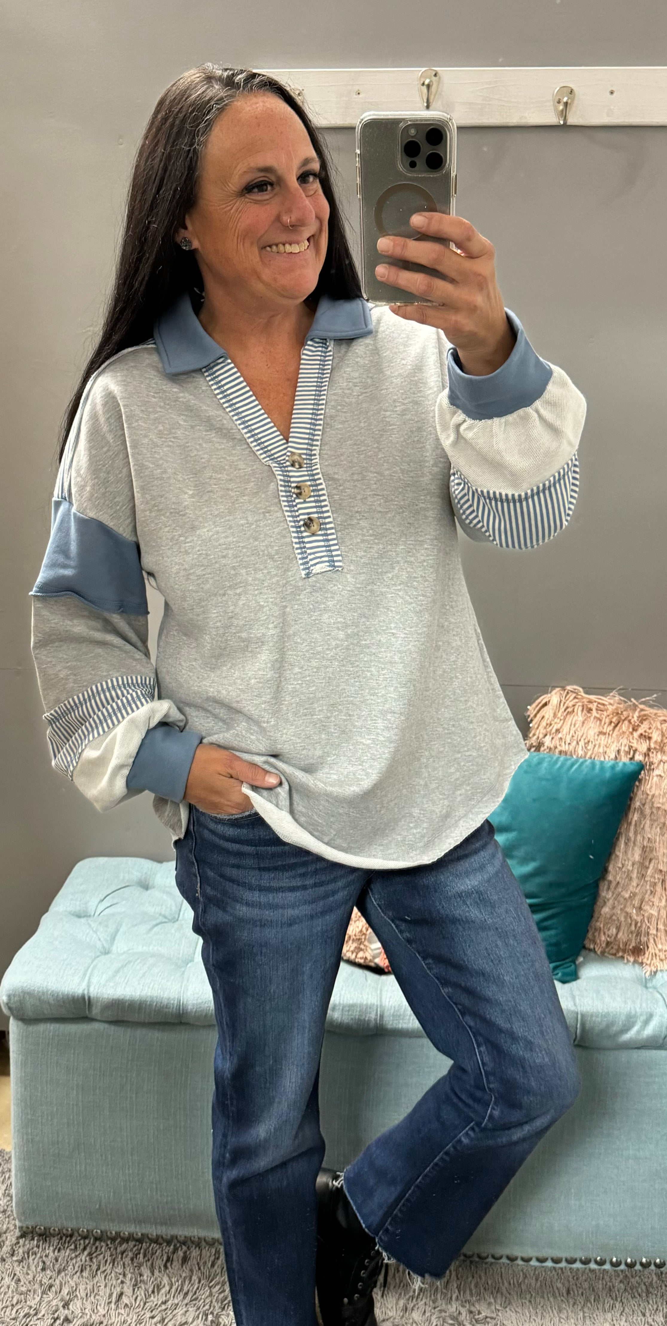Grey Color Block Rugby Knit Top - Posh West Boutique