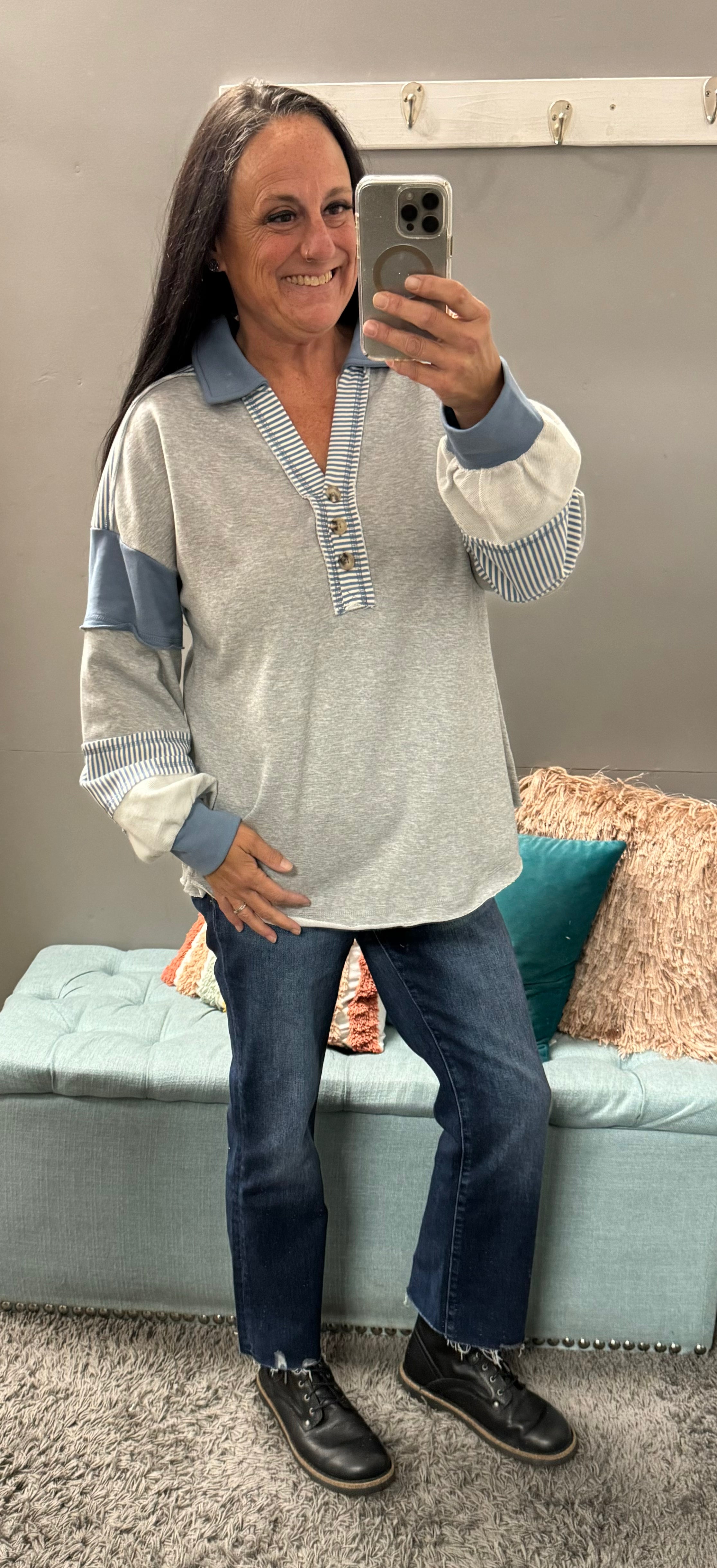 Grey Color Block Rugby Knit Top - Posh West Boutique