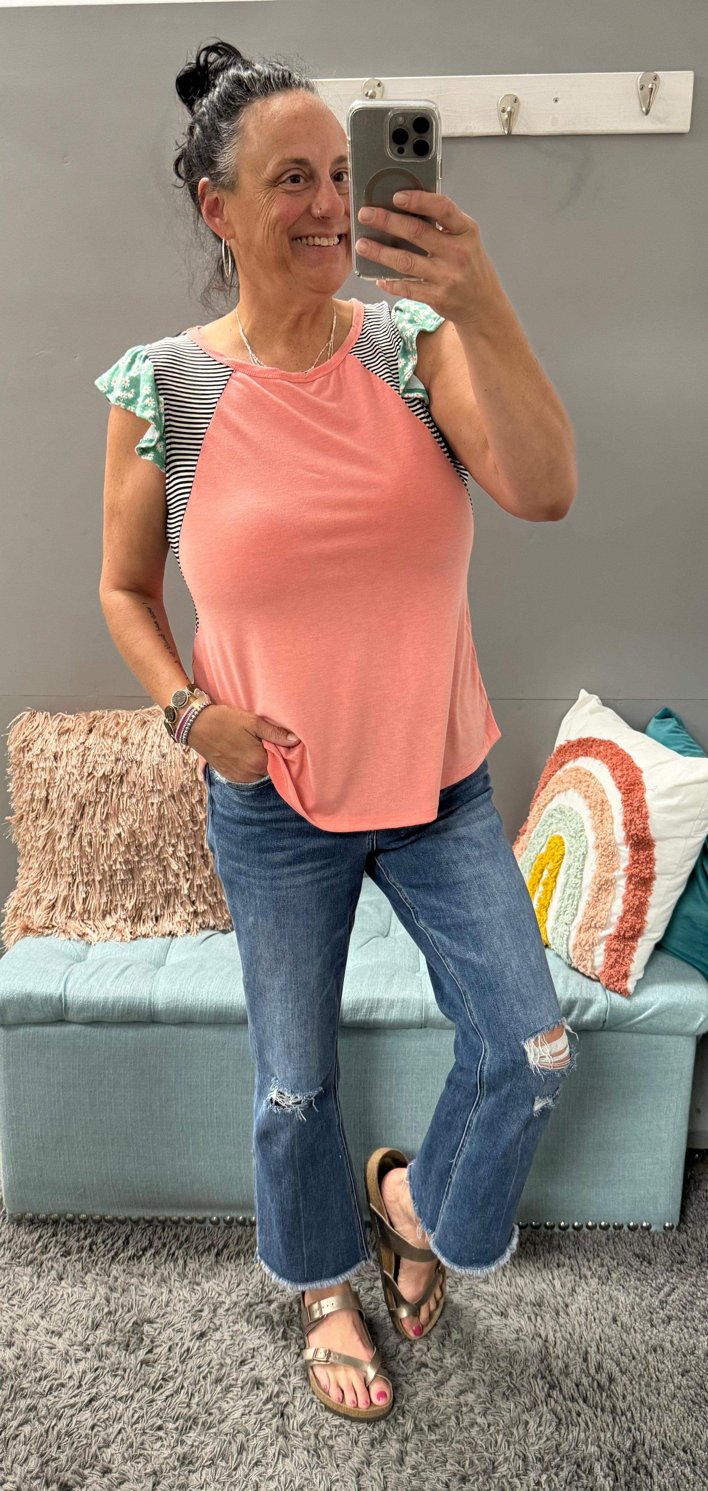 Coral Striped Contrast Ruffle Sleeve Top - Posh West Boutique