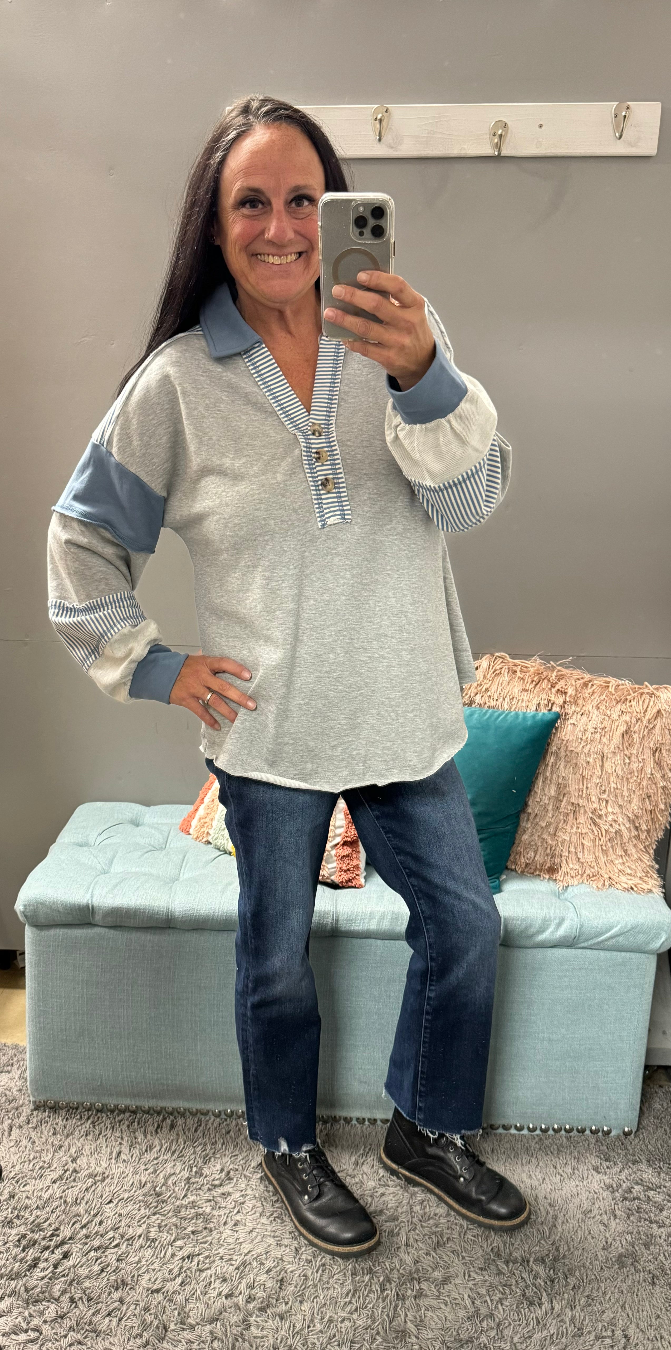 Grey Color Block Rugby Knit Top - Posh West Boutique