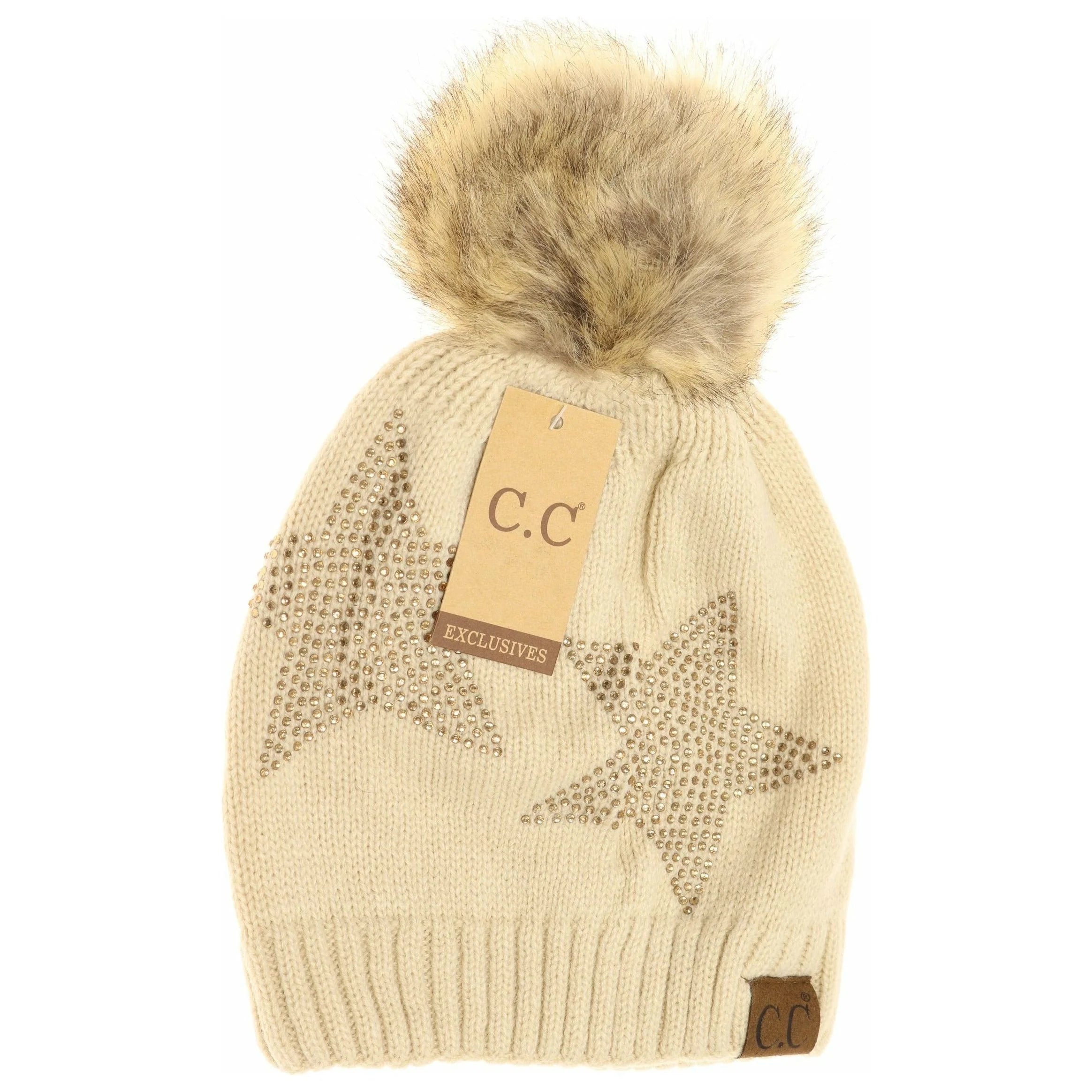 Beige Rhinestone Star Fur Pom CC Beanie