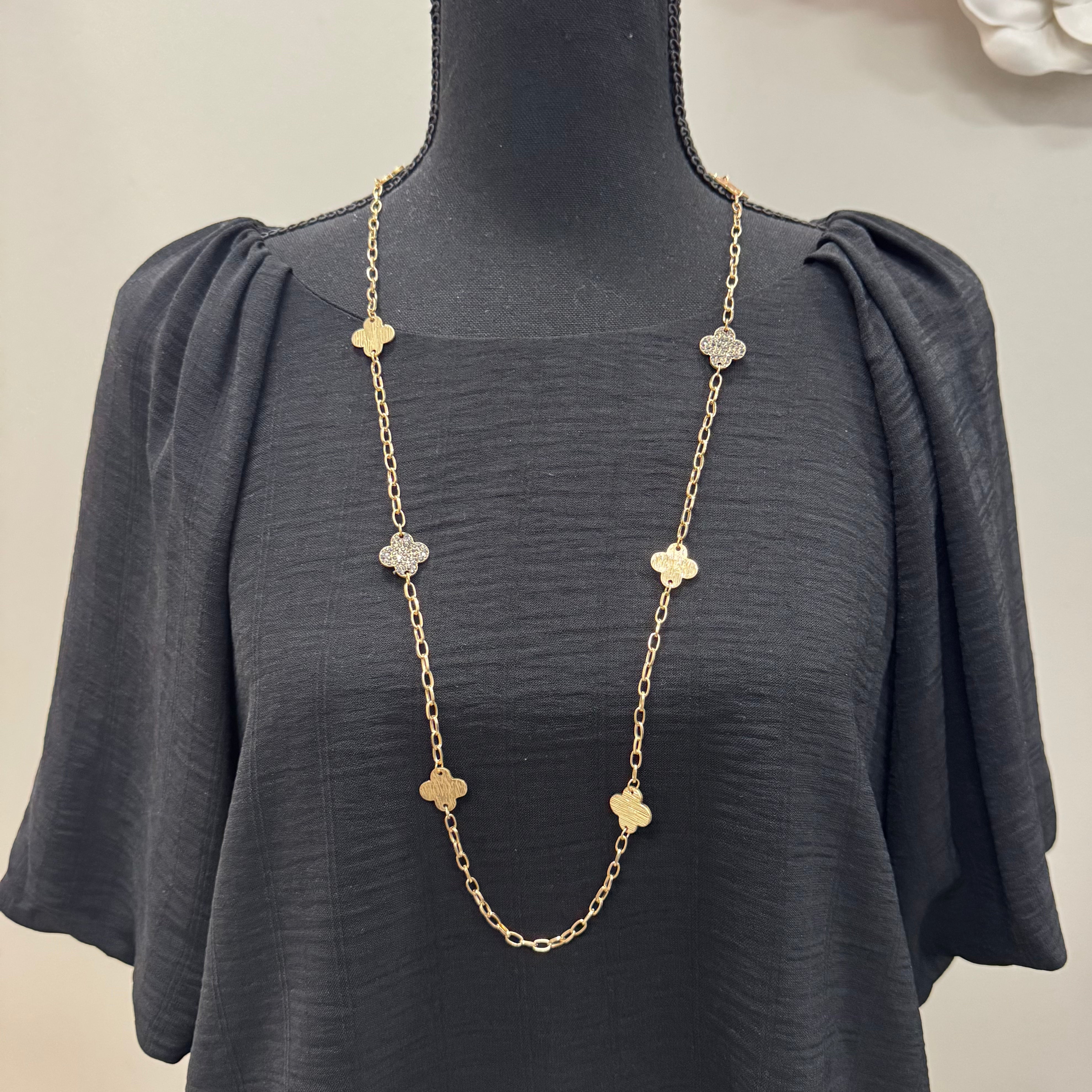 Gold Clover Charm Long Necklace - Posh West Boutique