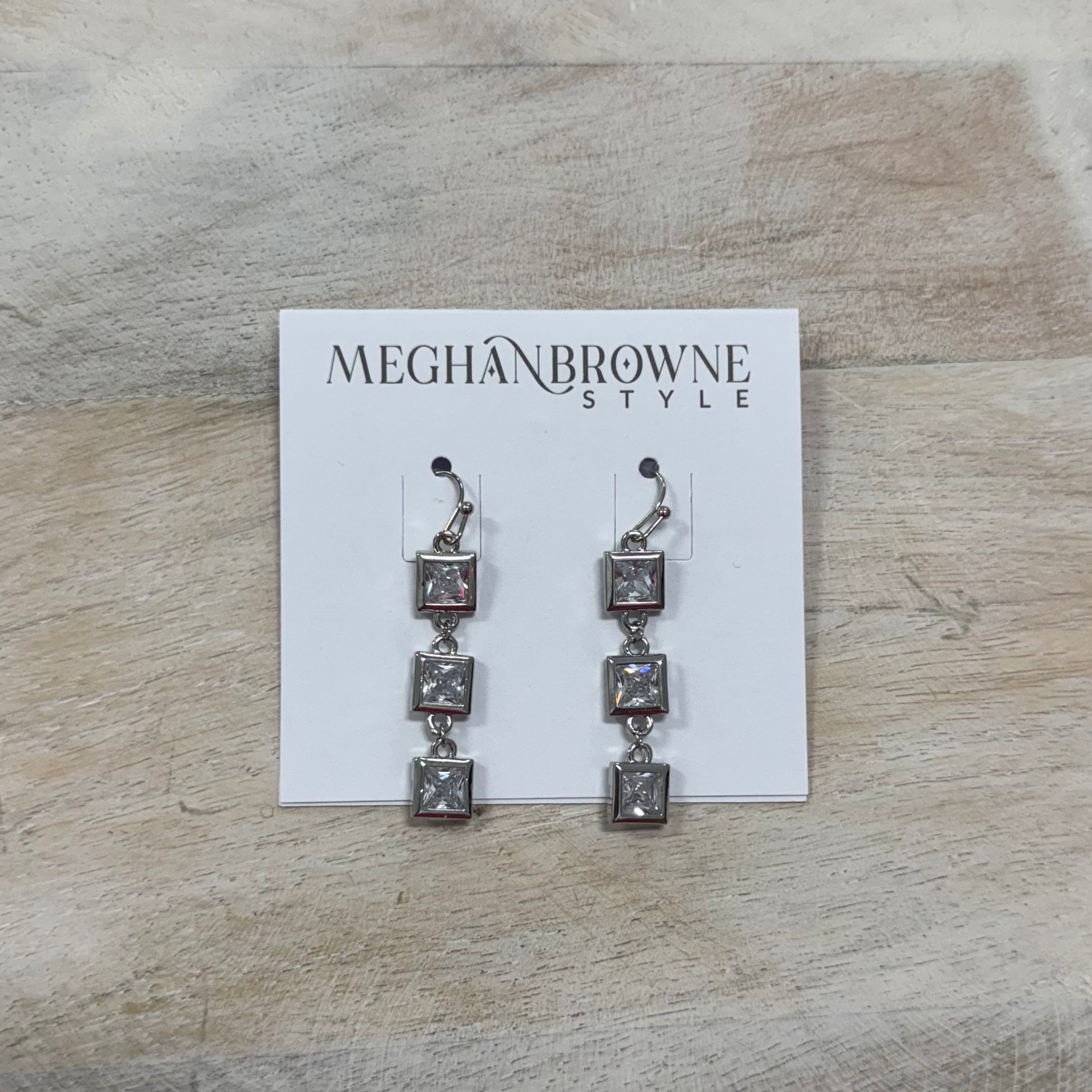Silver 3 Square Diamond Dangle Earring - Posh West Boutique
