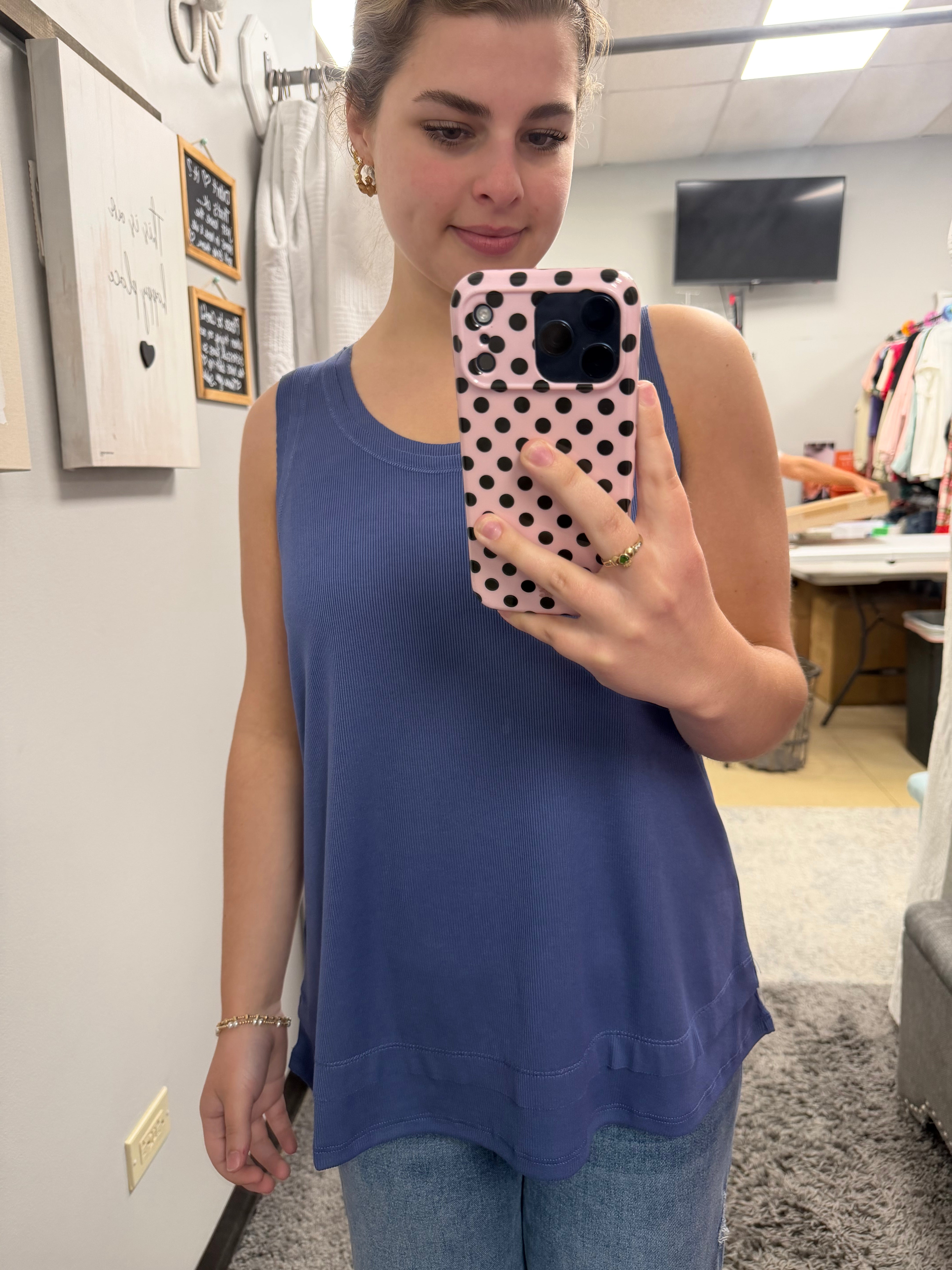 Denim Ribbed Tank Top w/ Raw Edge Detail