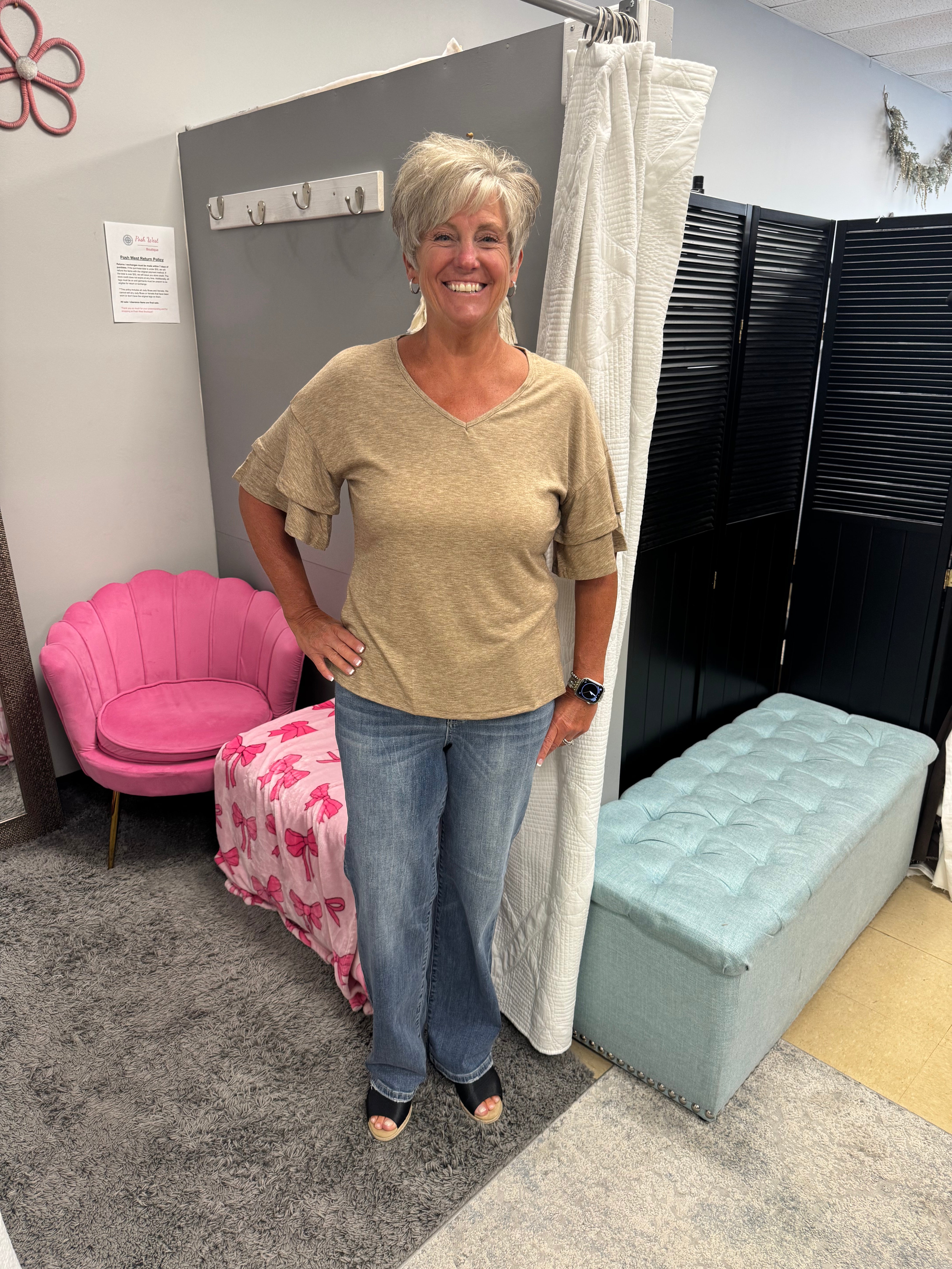 Camel Ruffle Sleeve V Neck Top