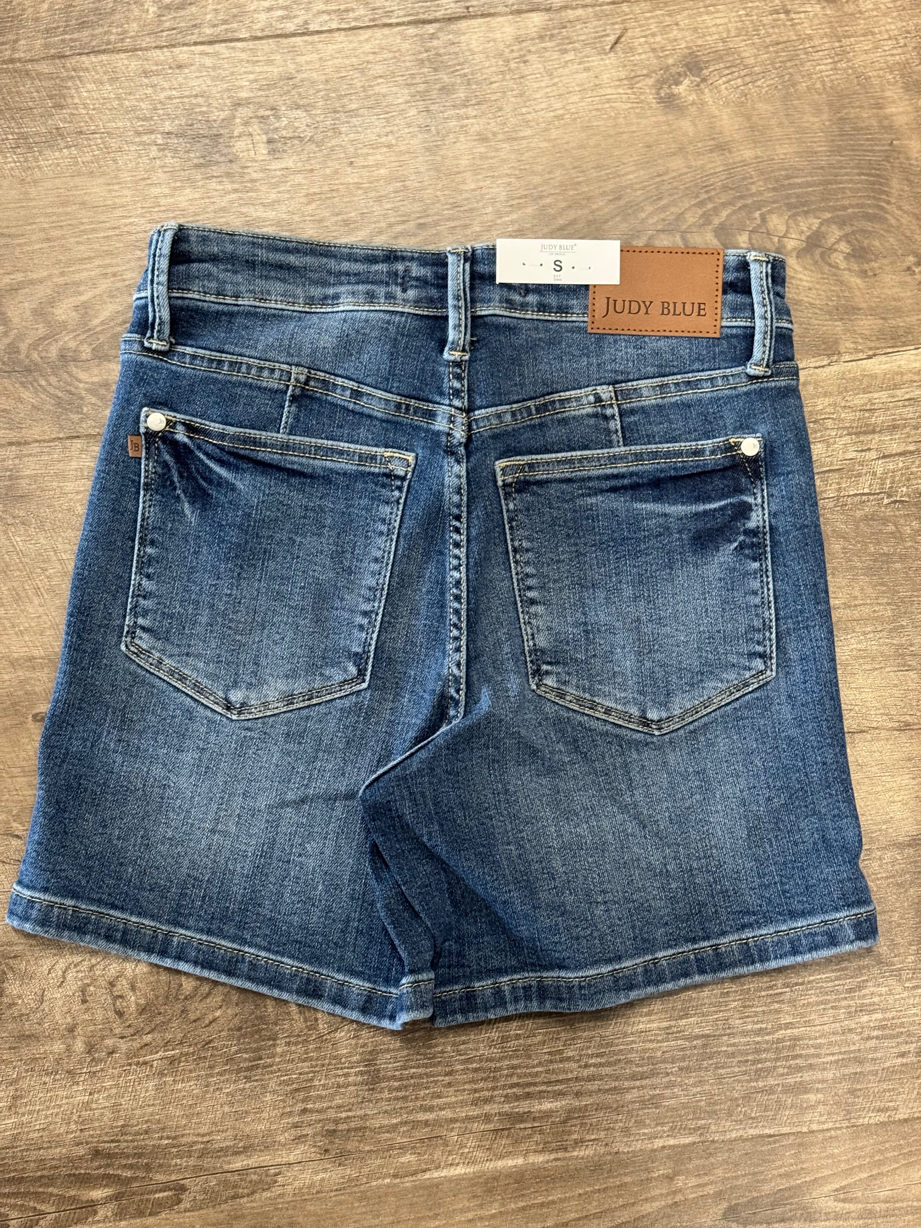 Judy Blue Mid Rise Tummy Control Mid Length Short - Posh West Boutique