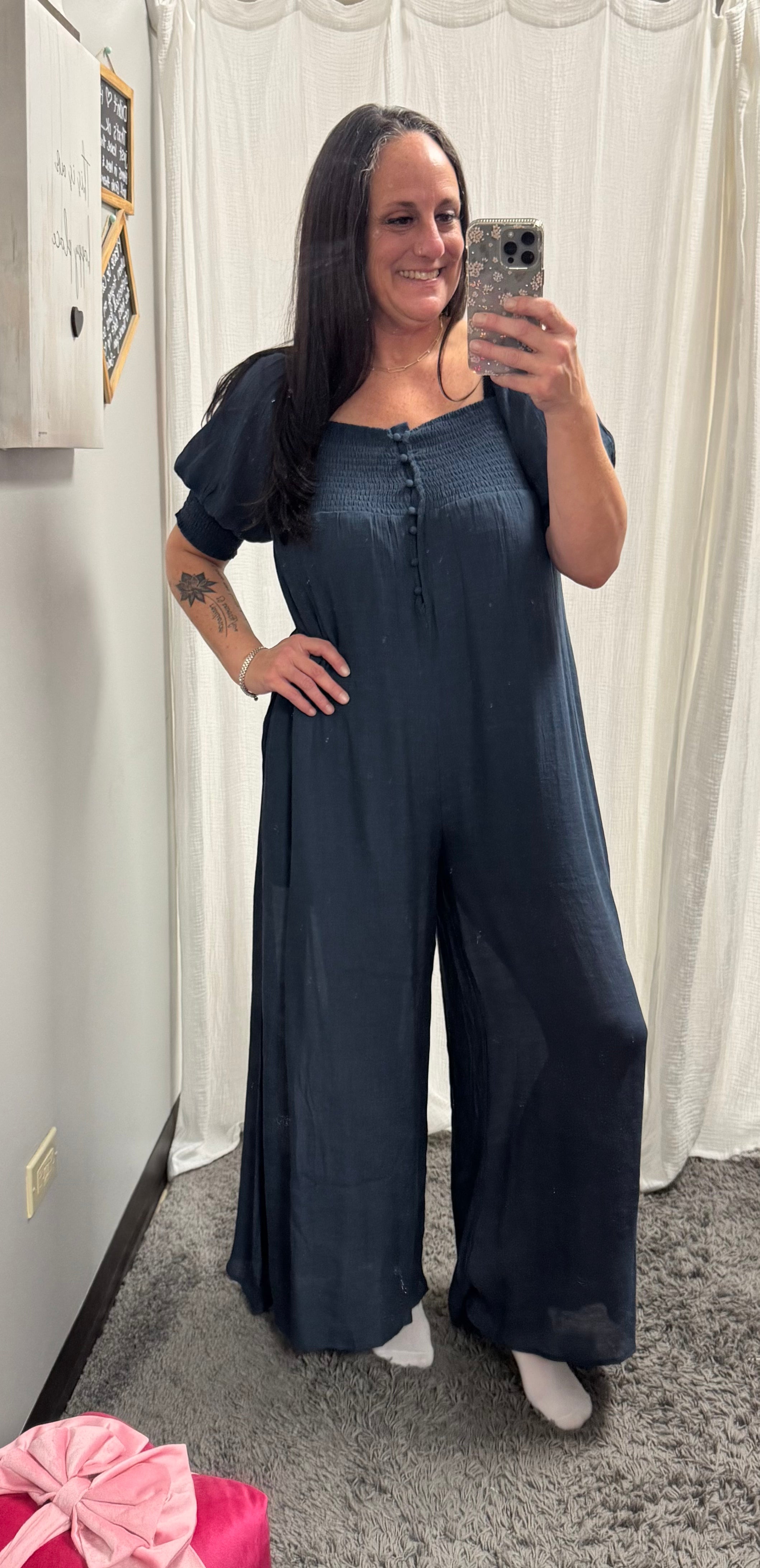 Navy Smocked Wide Leg Jumpsuit - Posh West Boutique